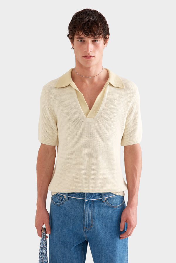 Relaxed Cotton Knit Open Neck Polo - Cream/Green Haze