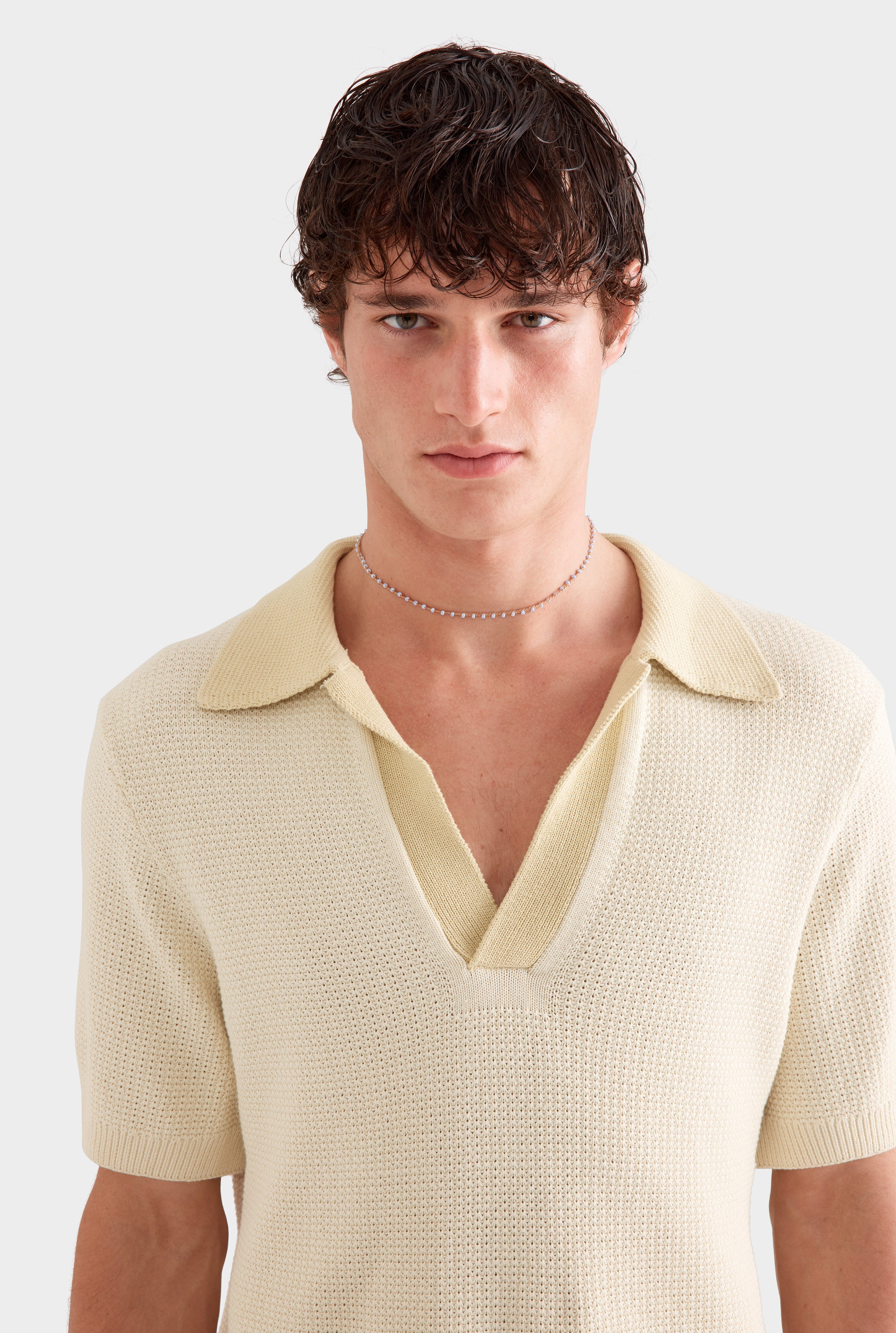 Relaxed Cotton Knit Open Neck Polo - Cream/Green Haze