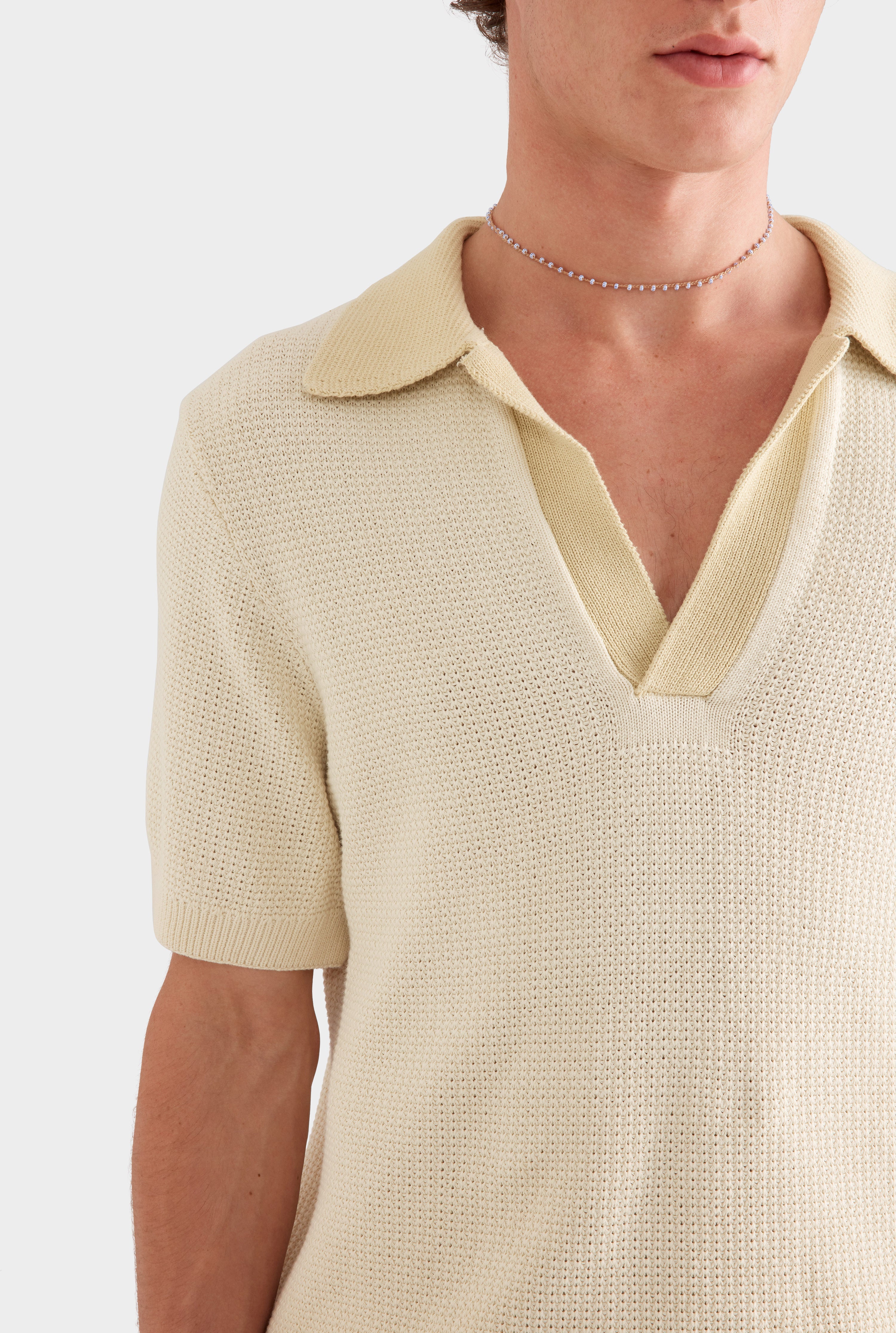Relaxed Cotton Knit Open Neck Polo - Cream/Green Haze