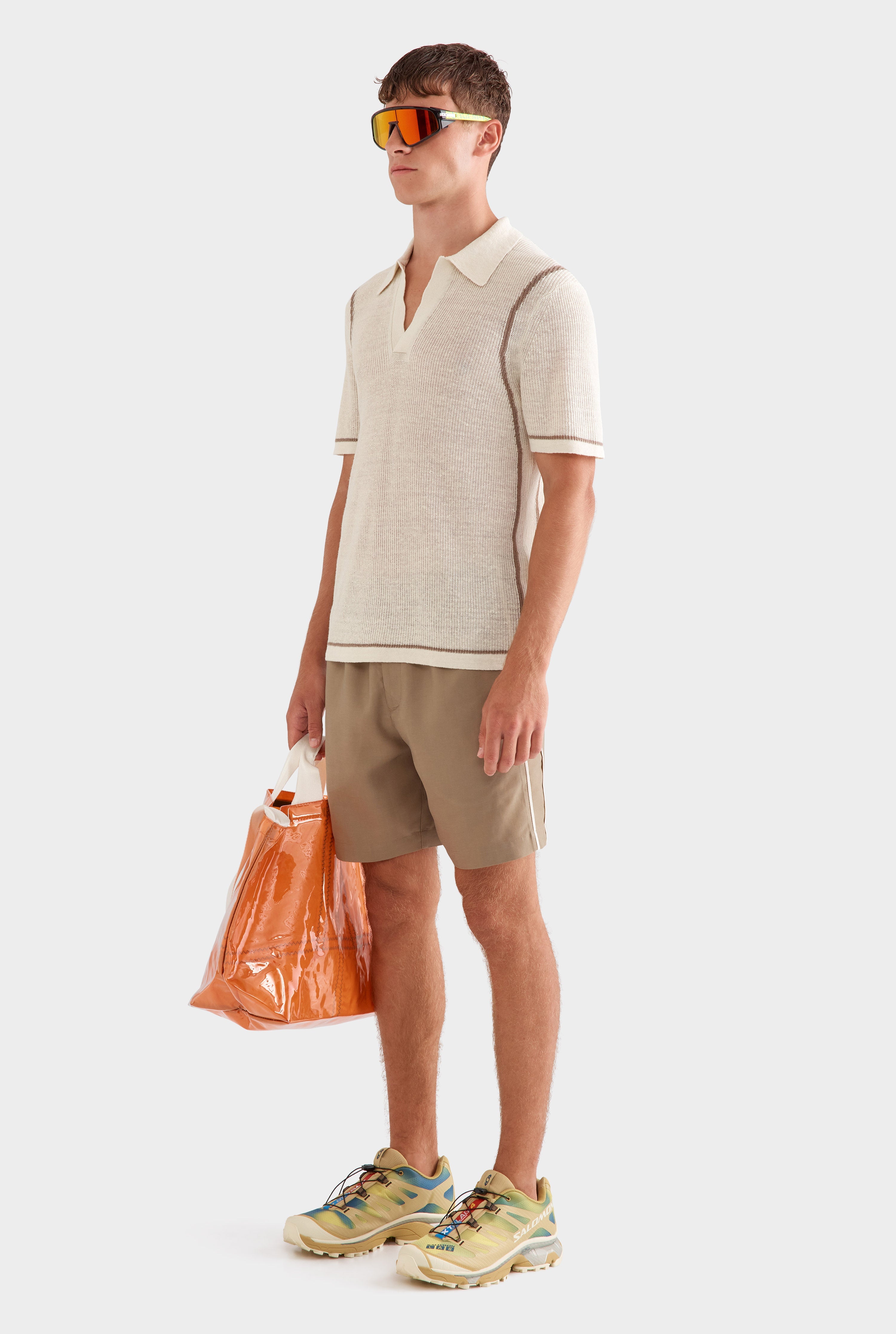 Rib Knit Open Neck Polo - Cream/Pebble