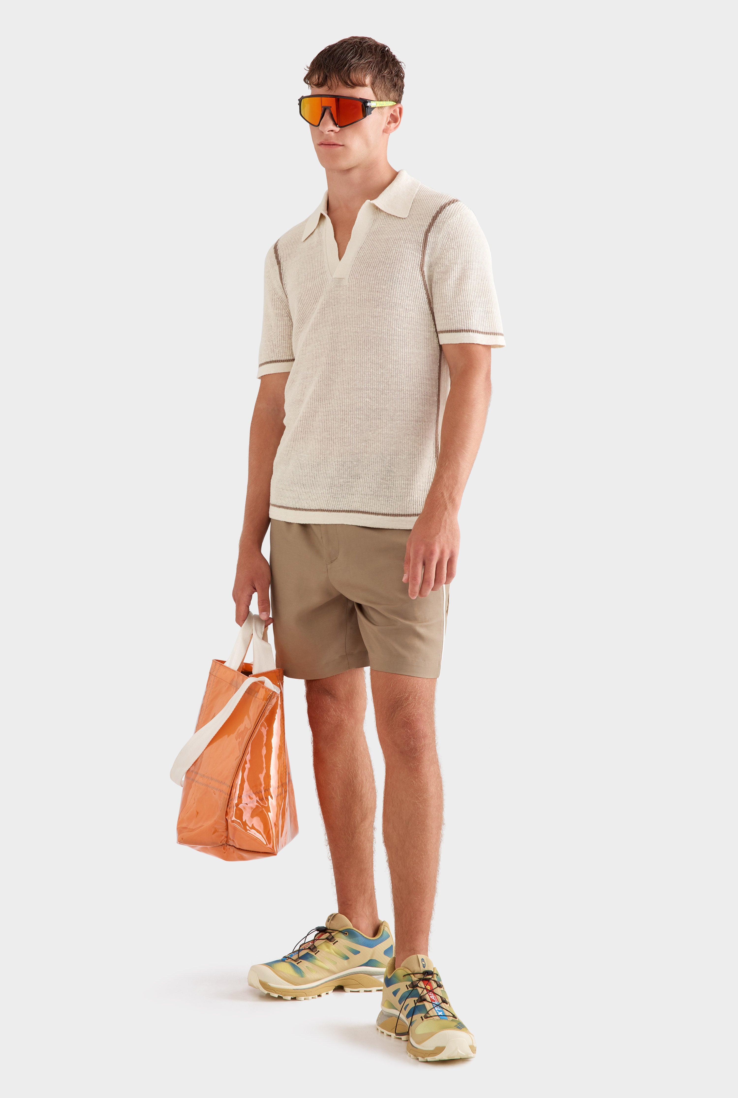 Rib Knit Open Neck Polo - Cream/Pebble