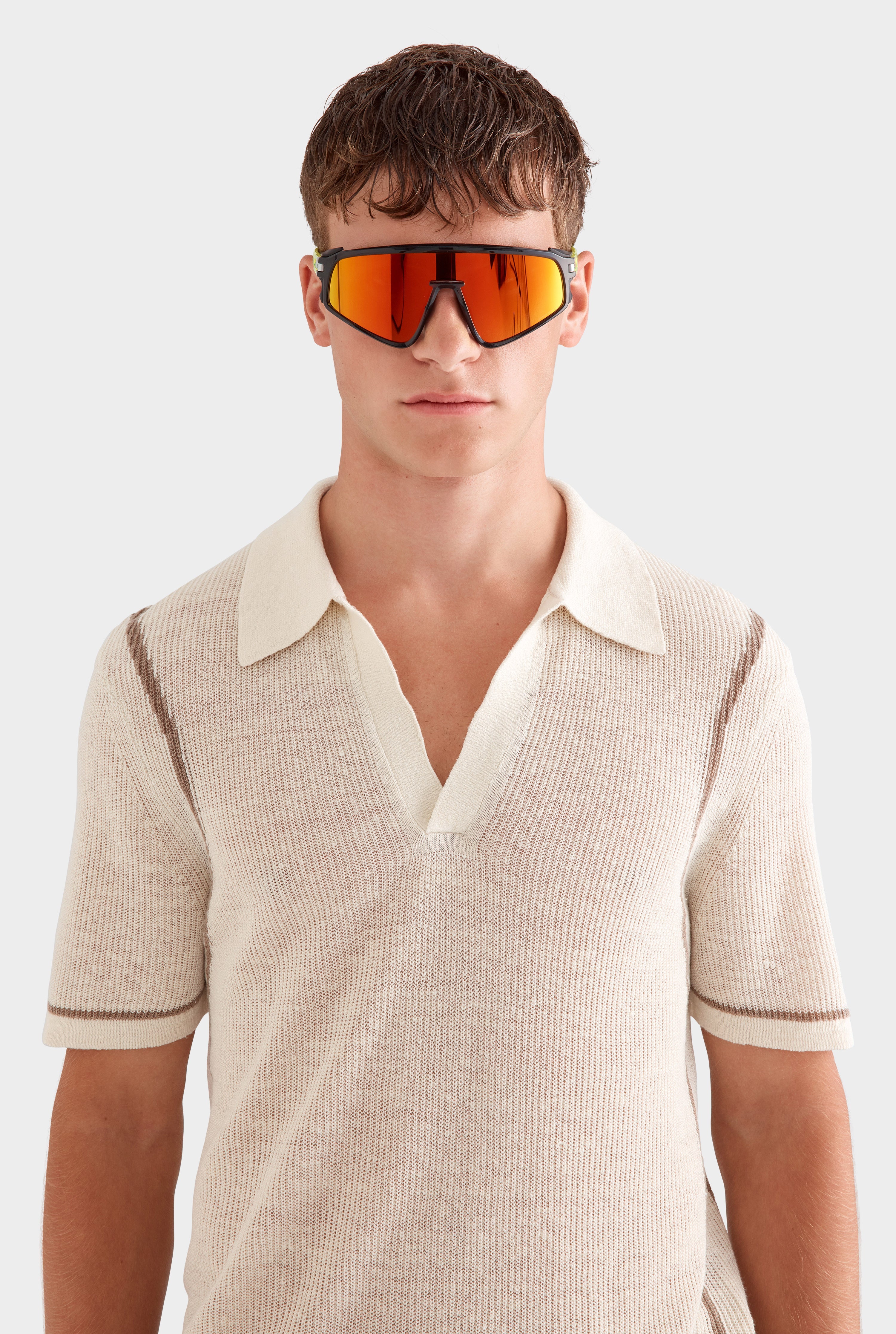 Rib Knit Open Neck Polo - Cream/Pebble