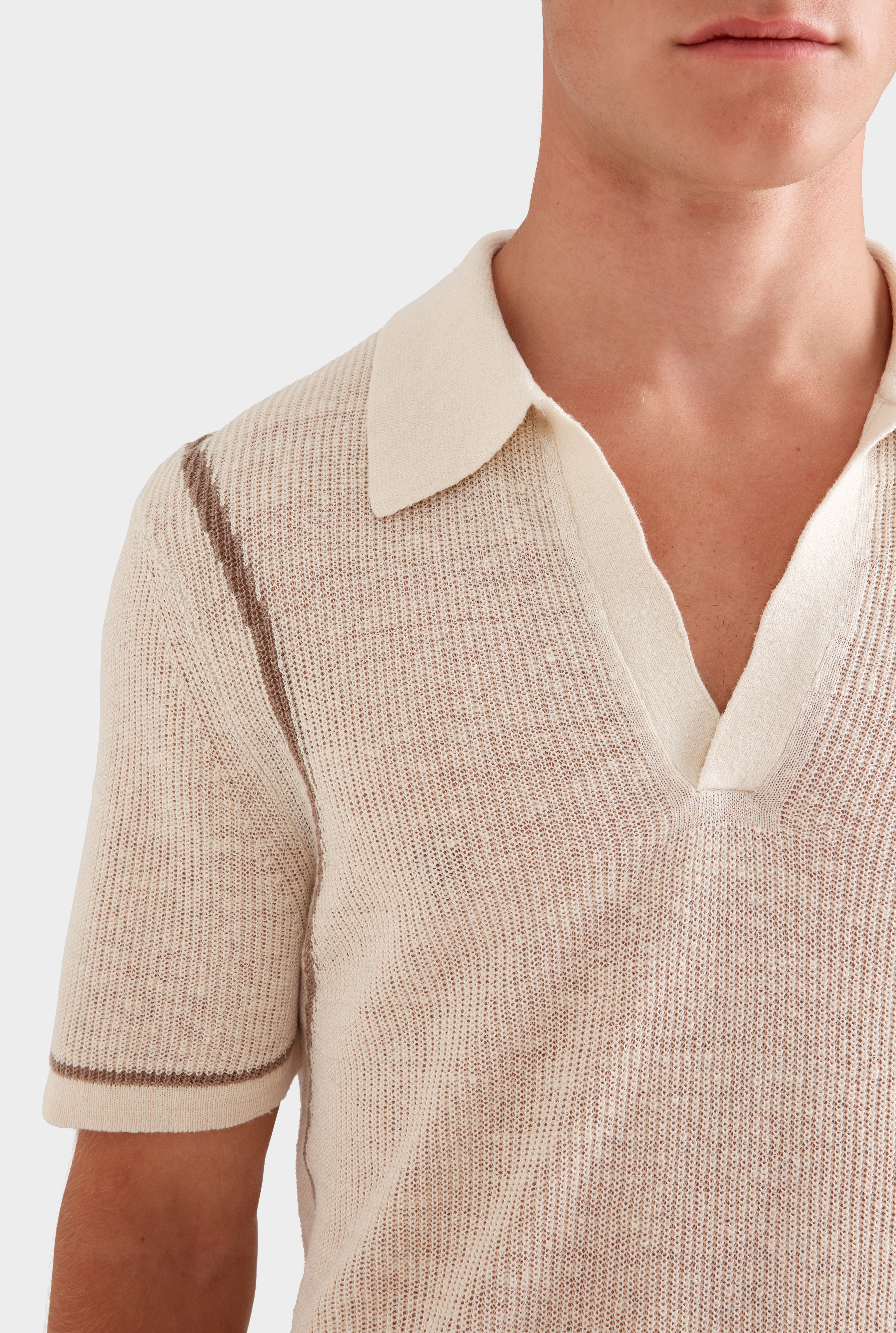 Rib Knit Open Neck Polo - Cream/Pebble