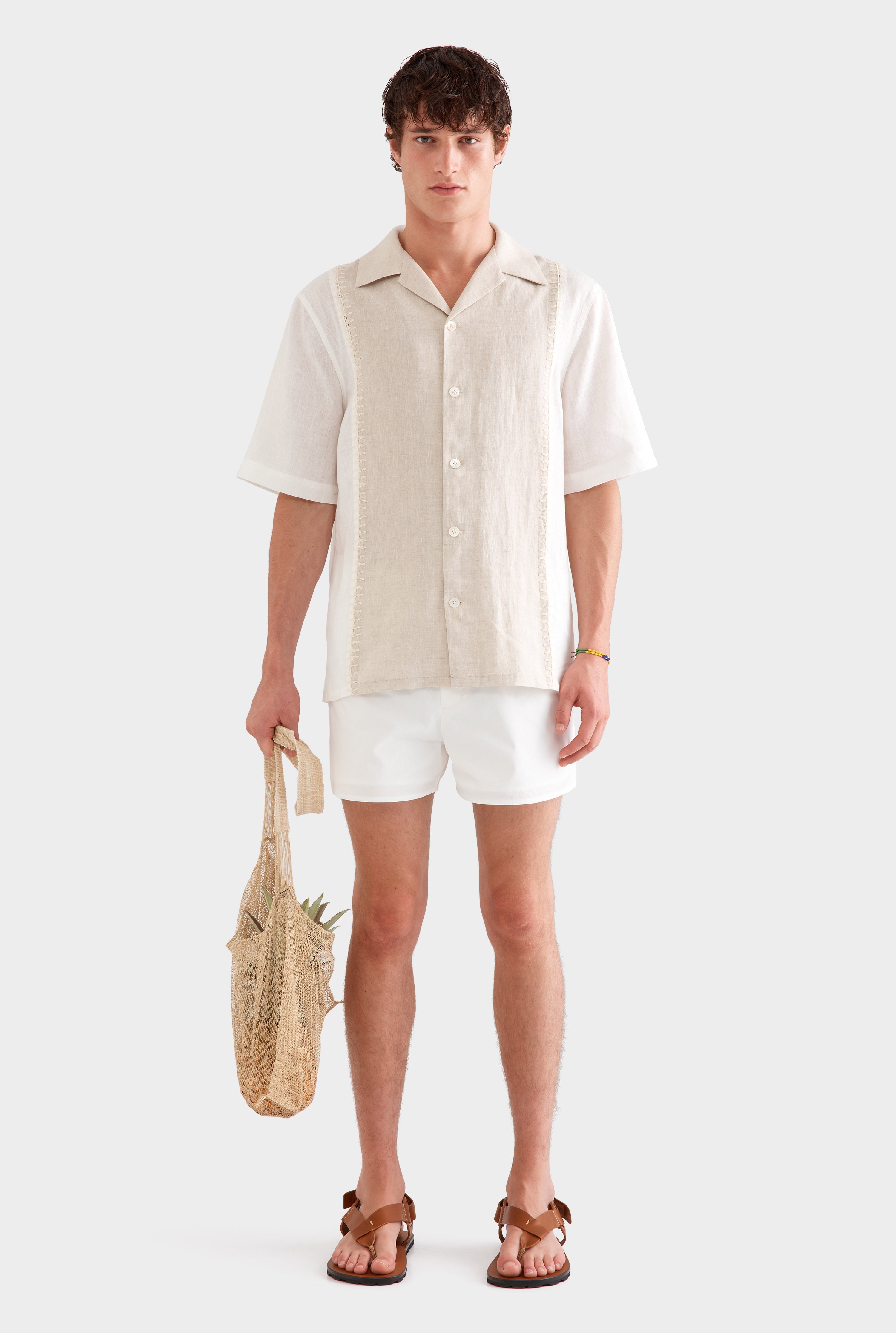 Short Sleeve Panelled Crochet Stitch Shirt - Sand/Off White