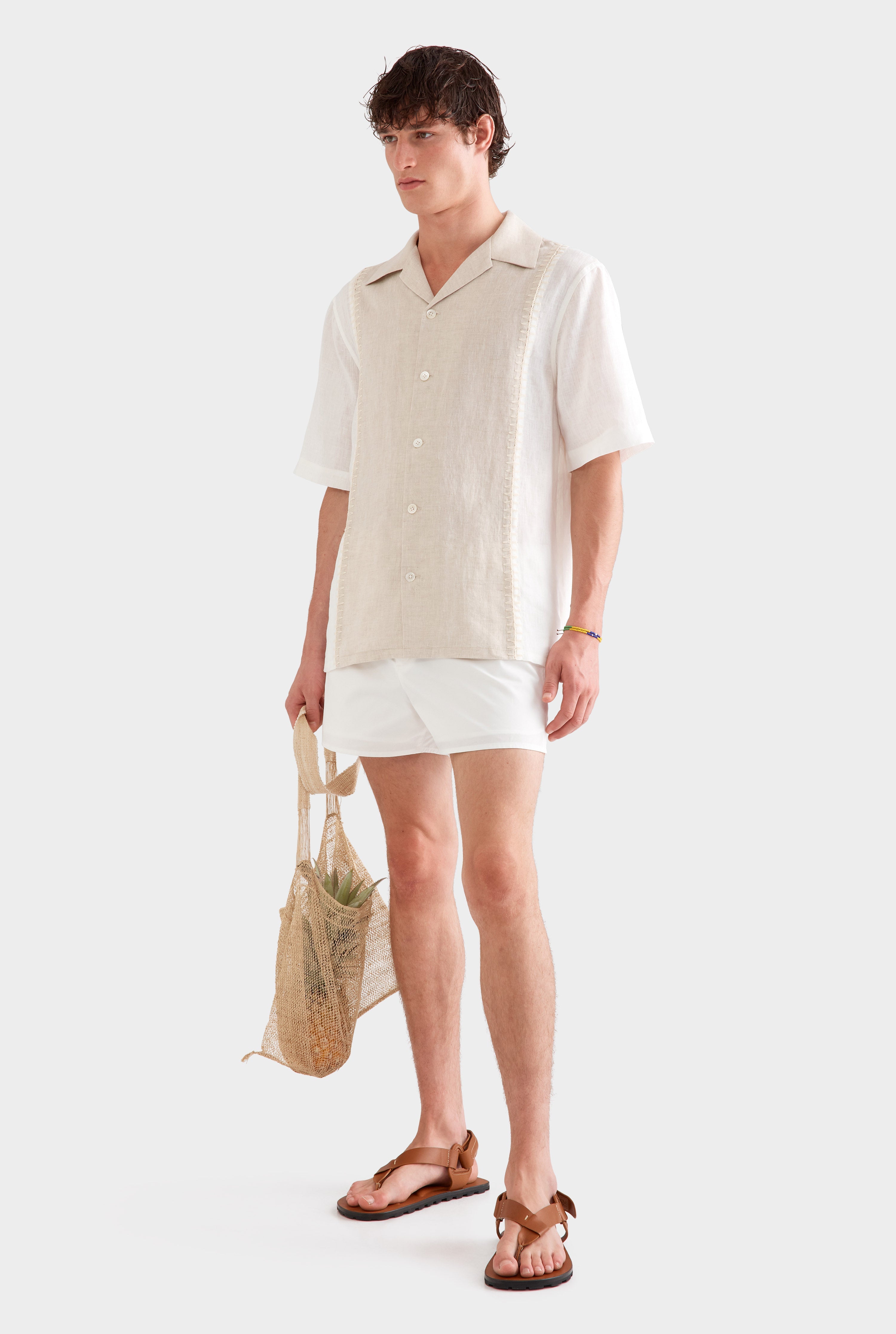 Short Sleeve Panelled Crochet Stitch Shirt - Sand/Off White
