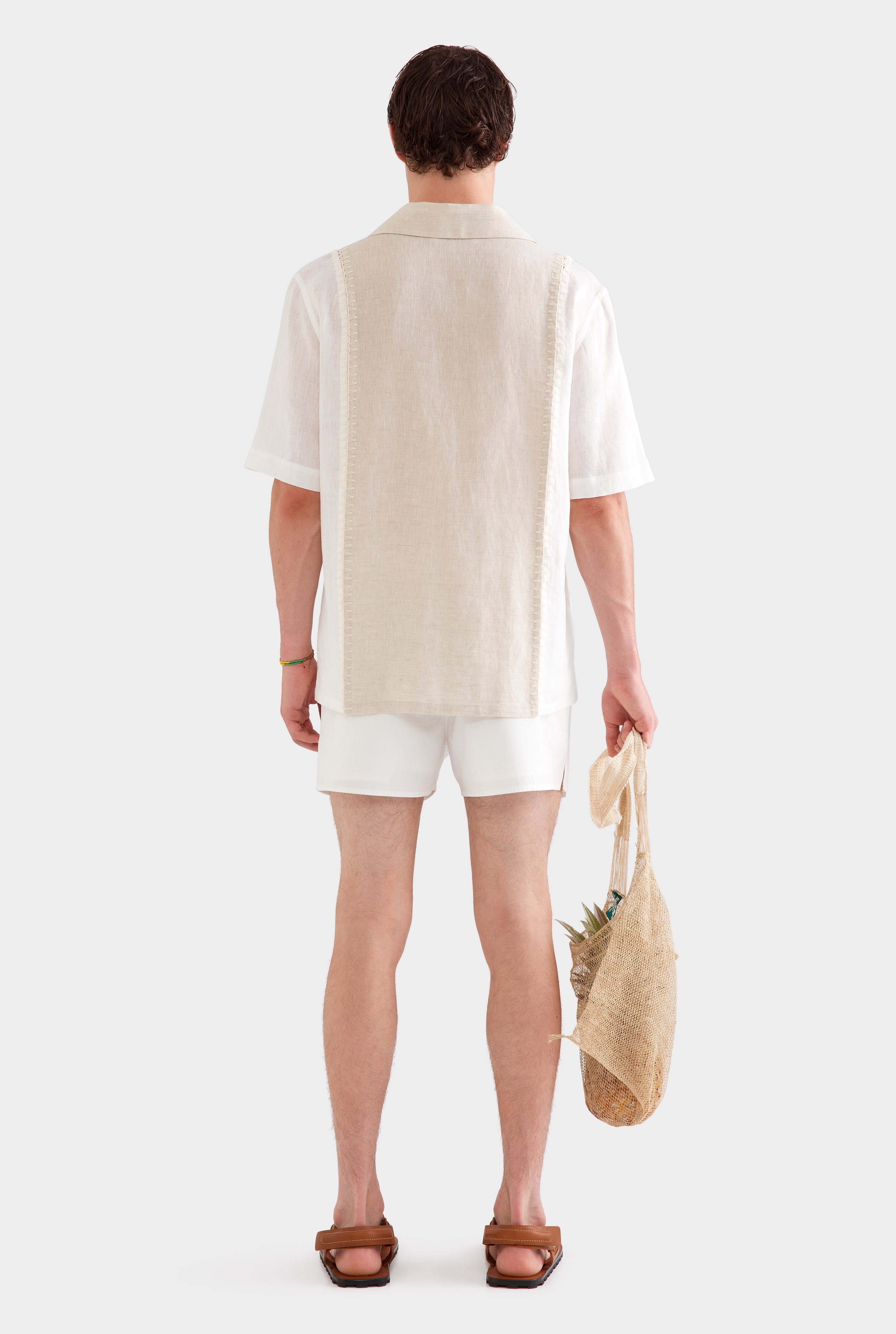 Short Sleeve Panelled Crochet Stitch Shirt - Sand/Off White