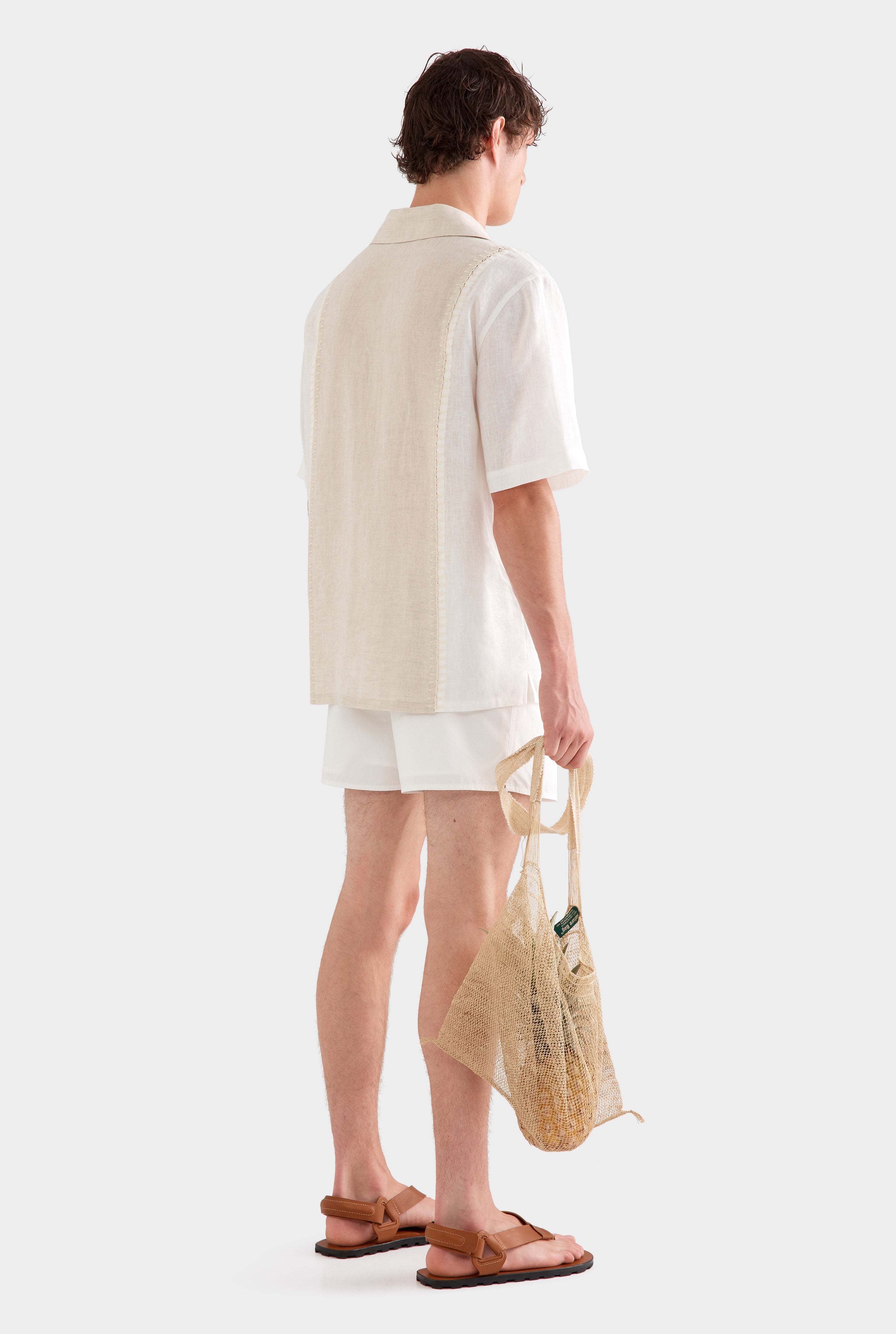 Short Sleeve Panelled Crochet Stitch Shirt - Sand/Off White
