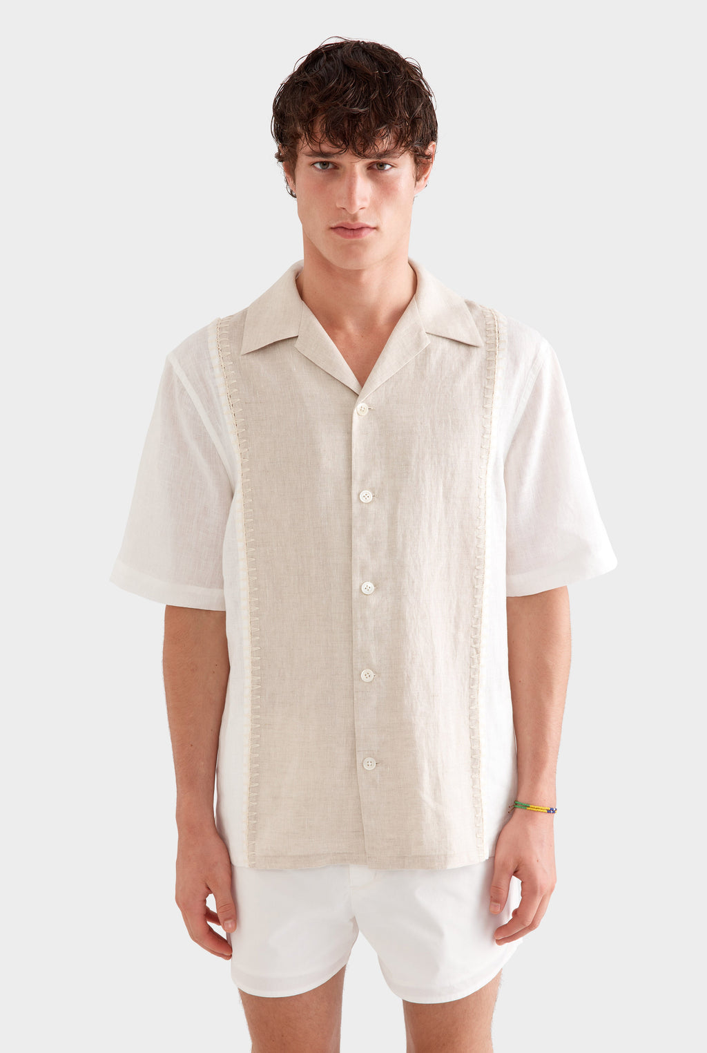 Short Sleeve Panelled Crochet Stitch Shirt - Sand/Off White