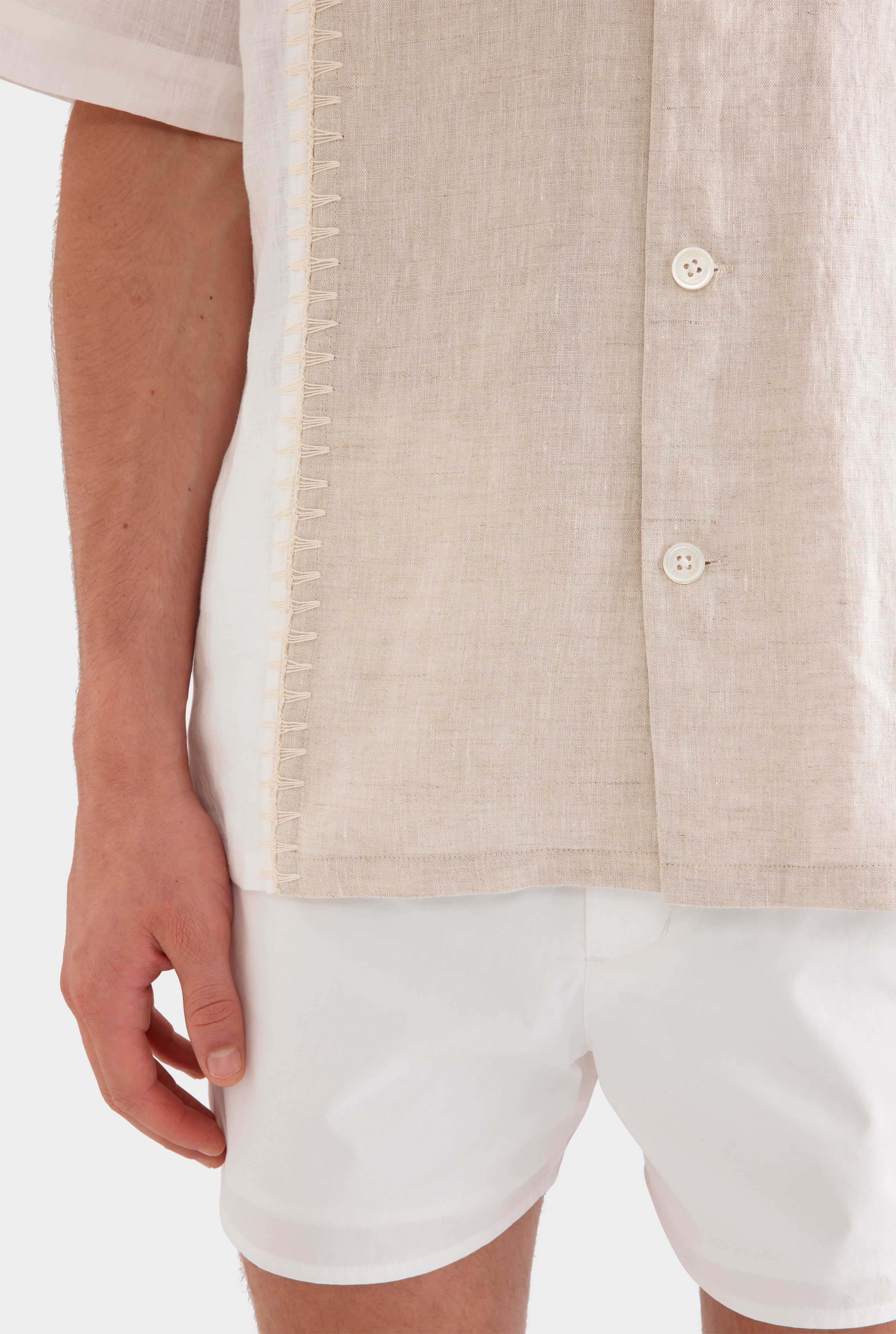 Short Sleeve Panelled Crochet Stitch Shirt - Sand/Off White