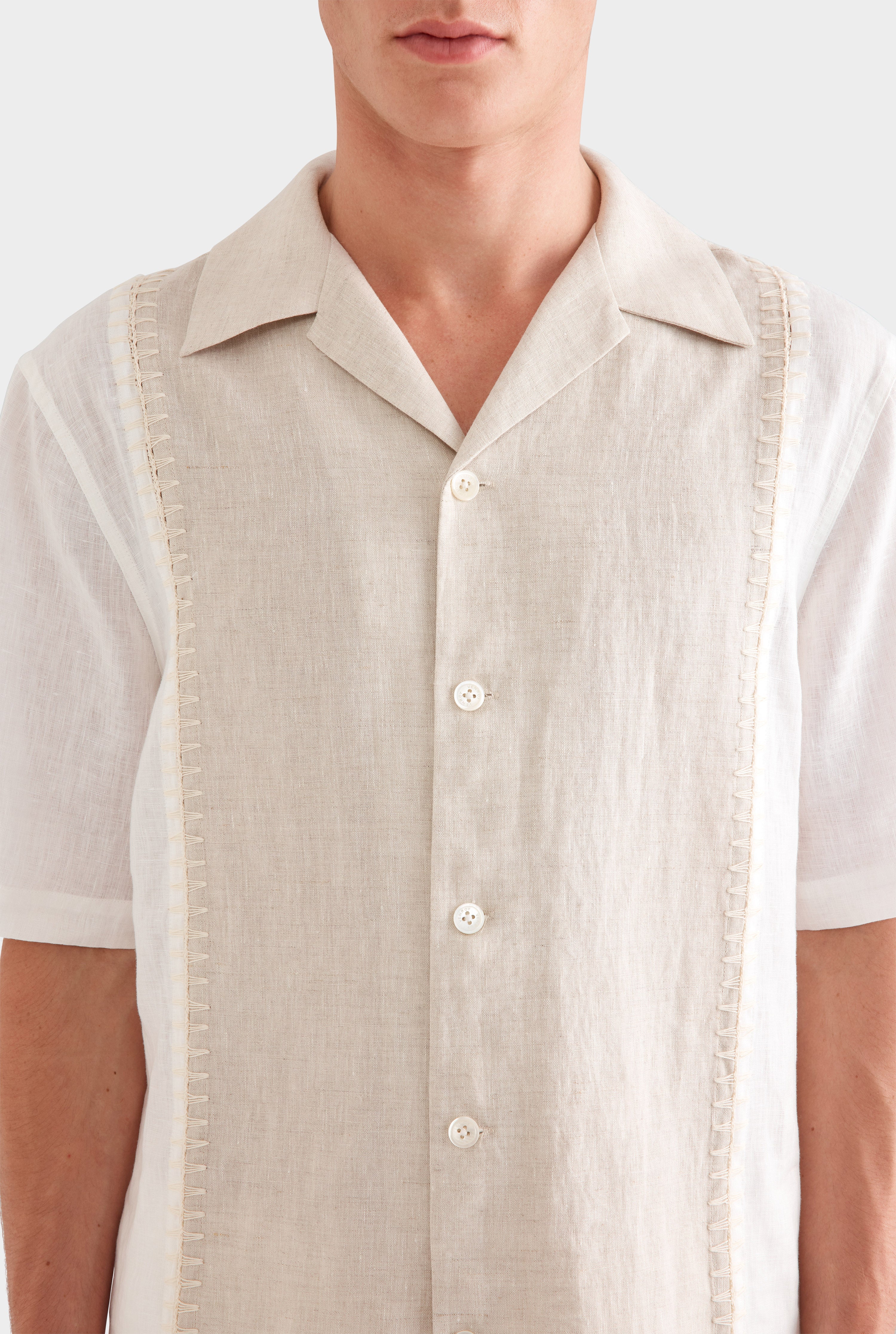 Short Sleeve Panelled Crochet Stitch Shirt - Sand/Off White