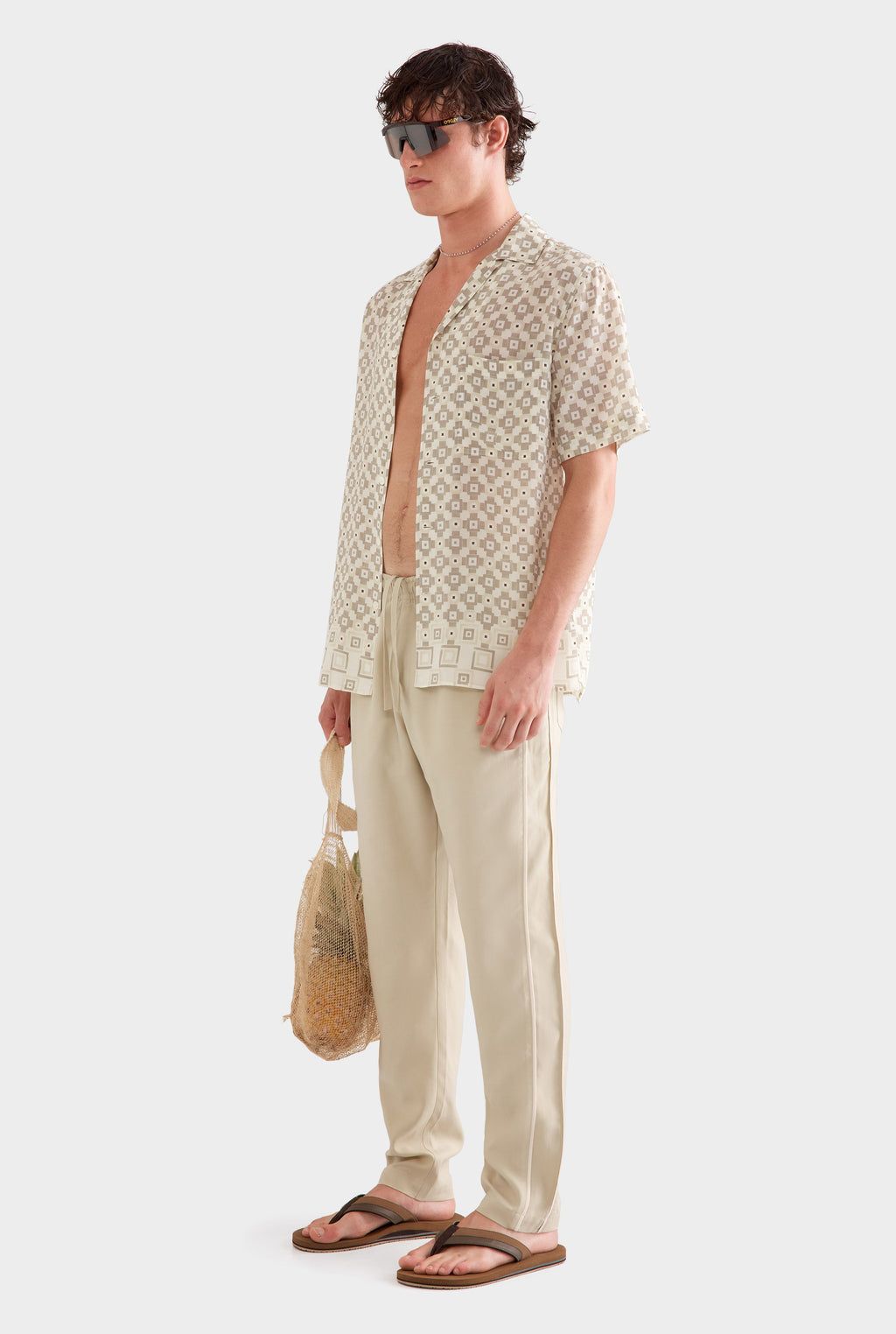 Flat Hem Short Sleeve Silk Camp Collar - Beige Geo