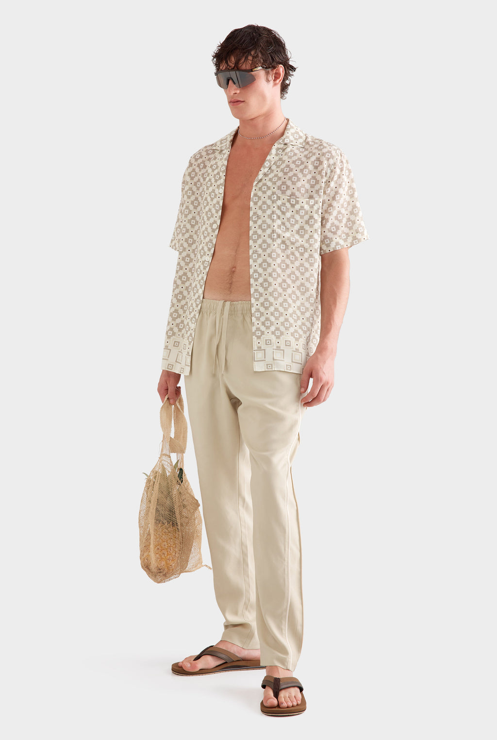 Flat Hem Short Sleeve Silk Camp Collar - Beige Geo