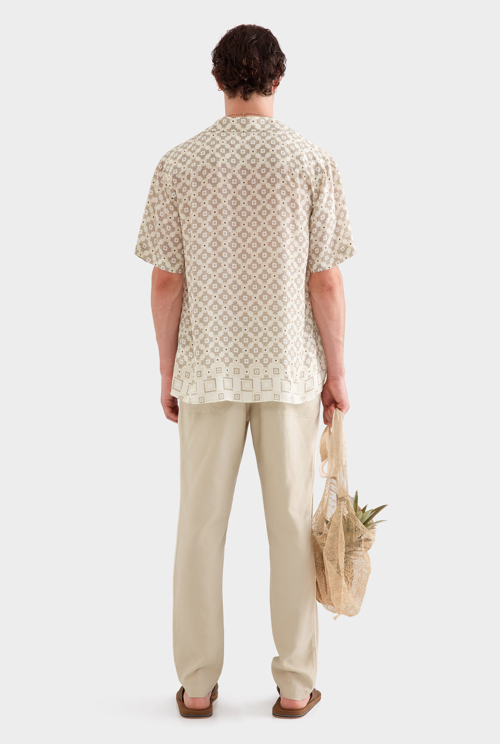 Flat Hem Short Sleeve Silk Camp Collar - Beige Geo