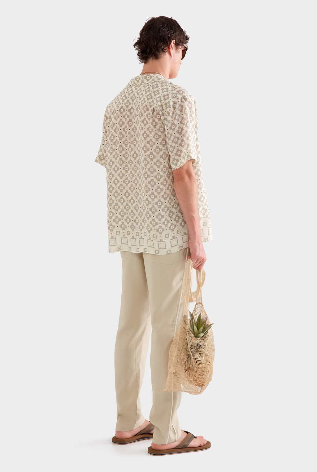 Flat Hem Short Sleeve Silk Camp Collar - Beige Geo