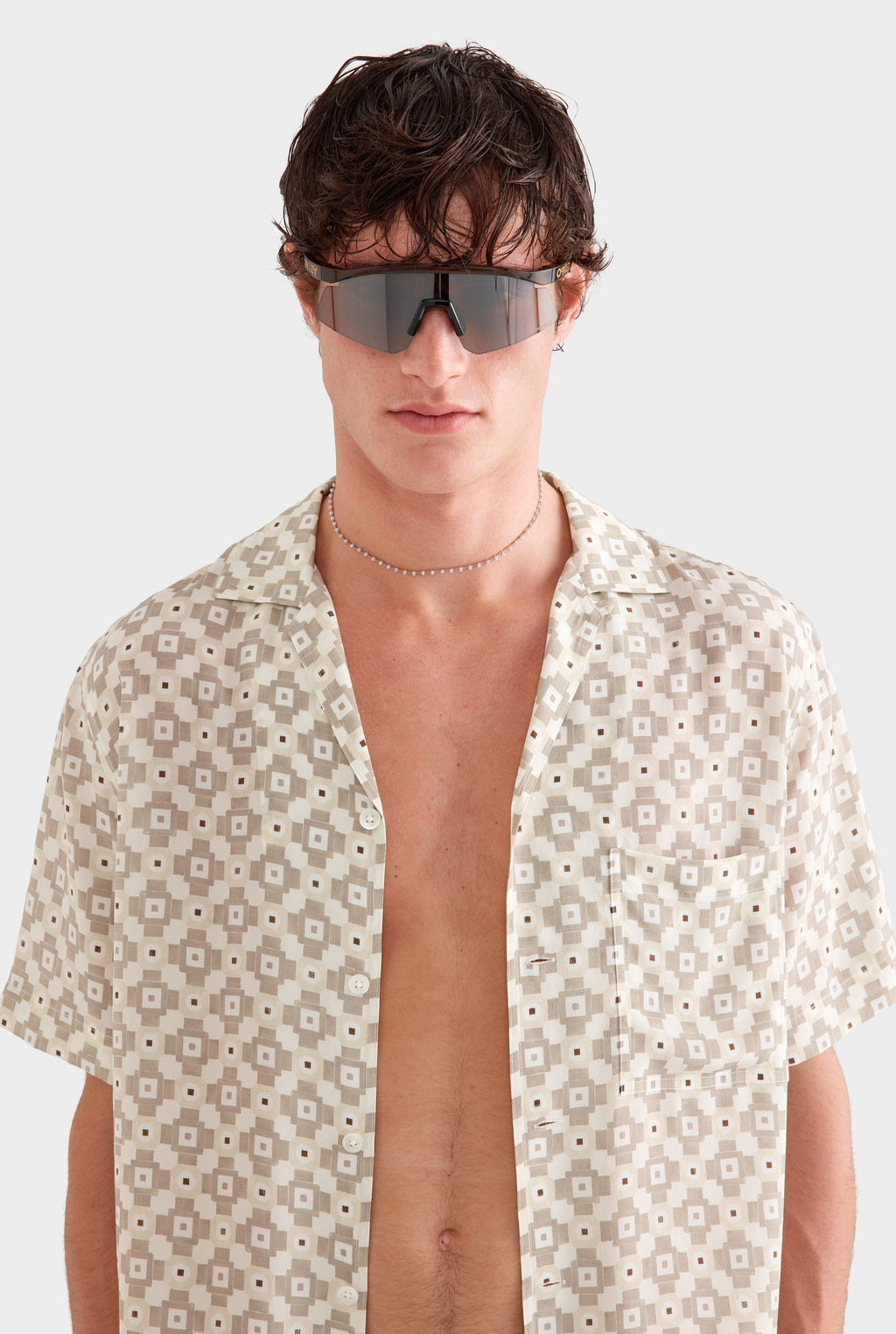 Flat Hem Short Sleeve Silk Camp Collar - Beige Geo