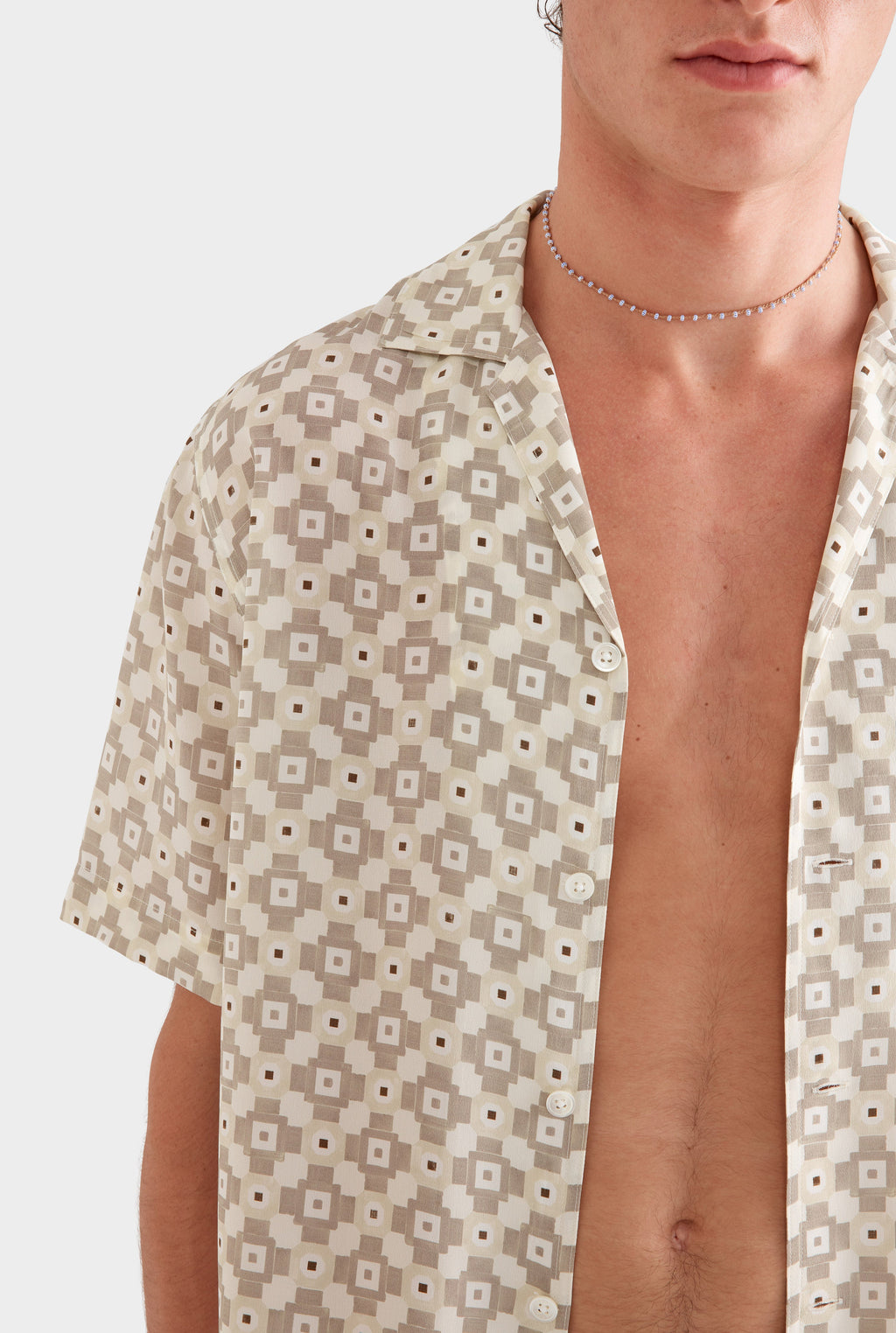 Flat Hem Short Sleeve Silk Camp Collar - Beige Geo