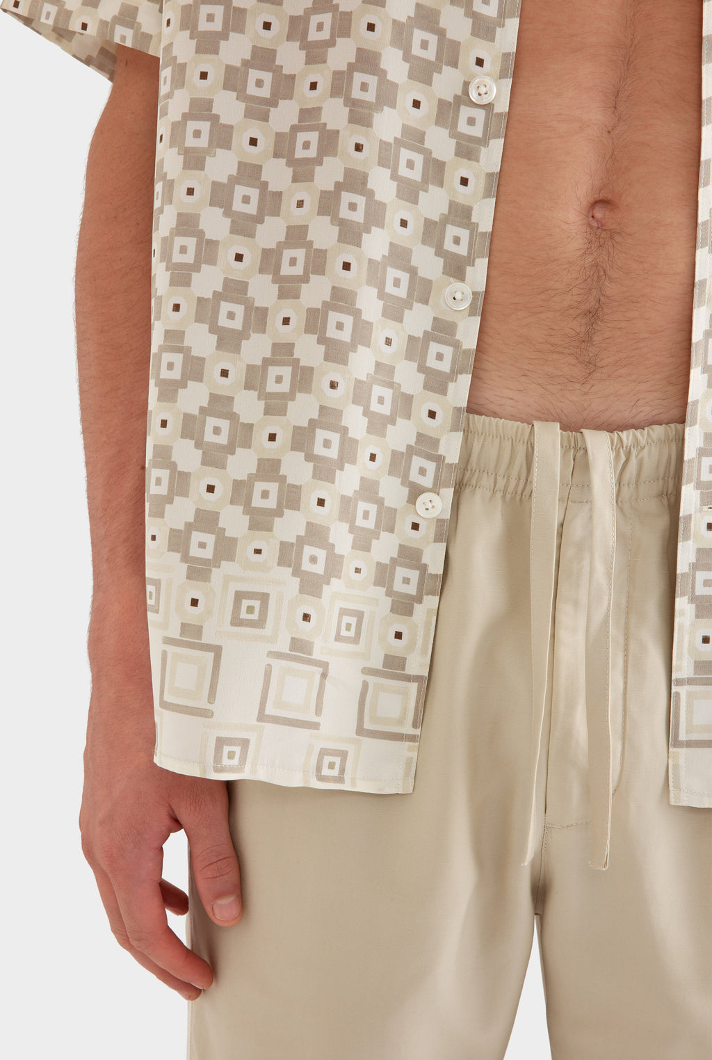 Flat Hem Short Sleeve Silk Camp Collar - Beige Geo