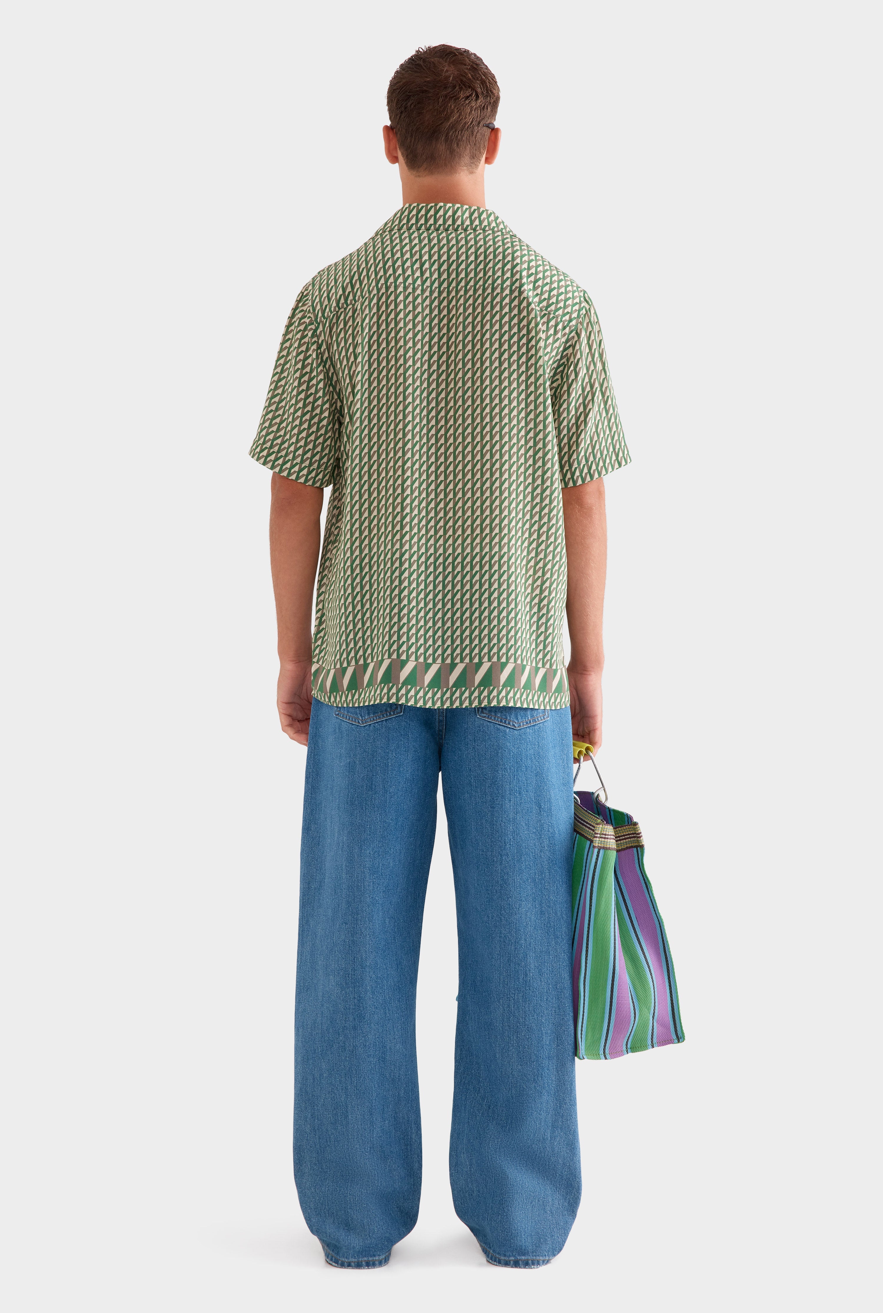 Flat Hem Short Sleeve Silk Camp Collar - Cactus/Antique White V Monogram
