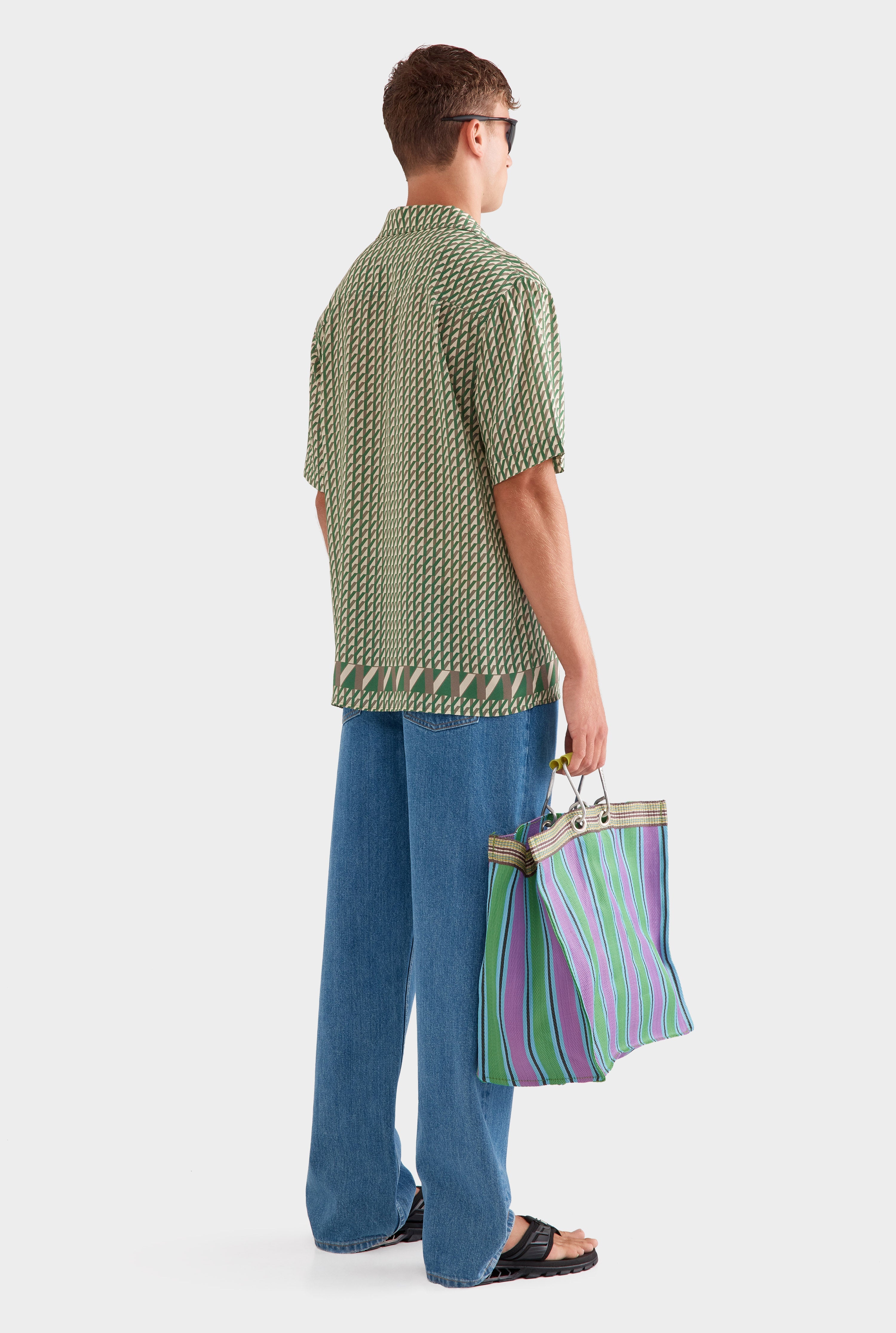 Flat Hem Short Sleeve Silk Camp Collar - Cactus/Antique White V Monogram