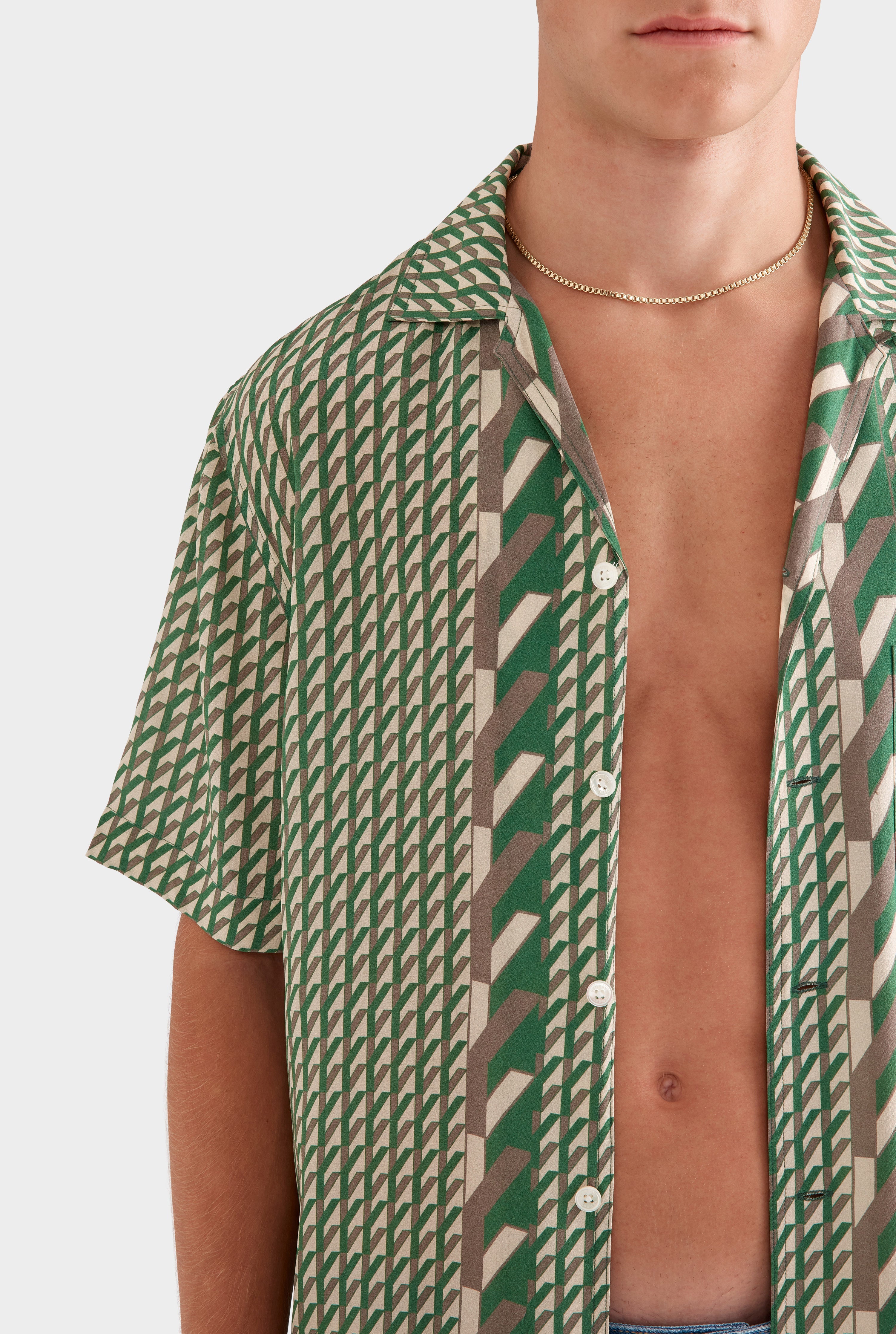 Flat Hem Short Sleeve Silk Camp Collar - Cactus/Antique White V Monogram