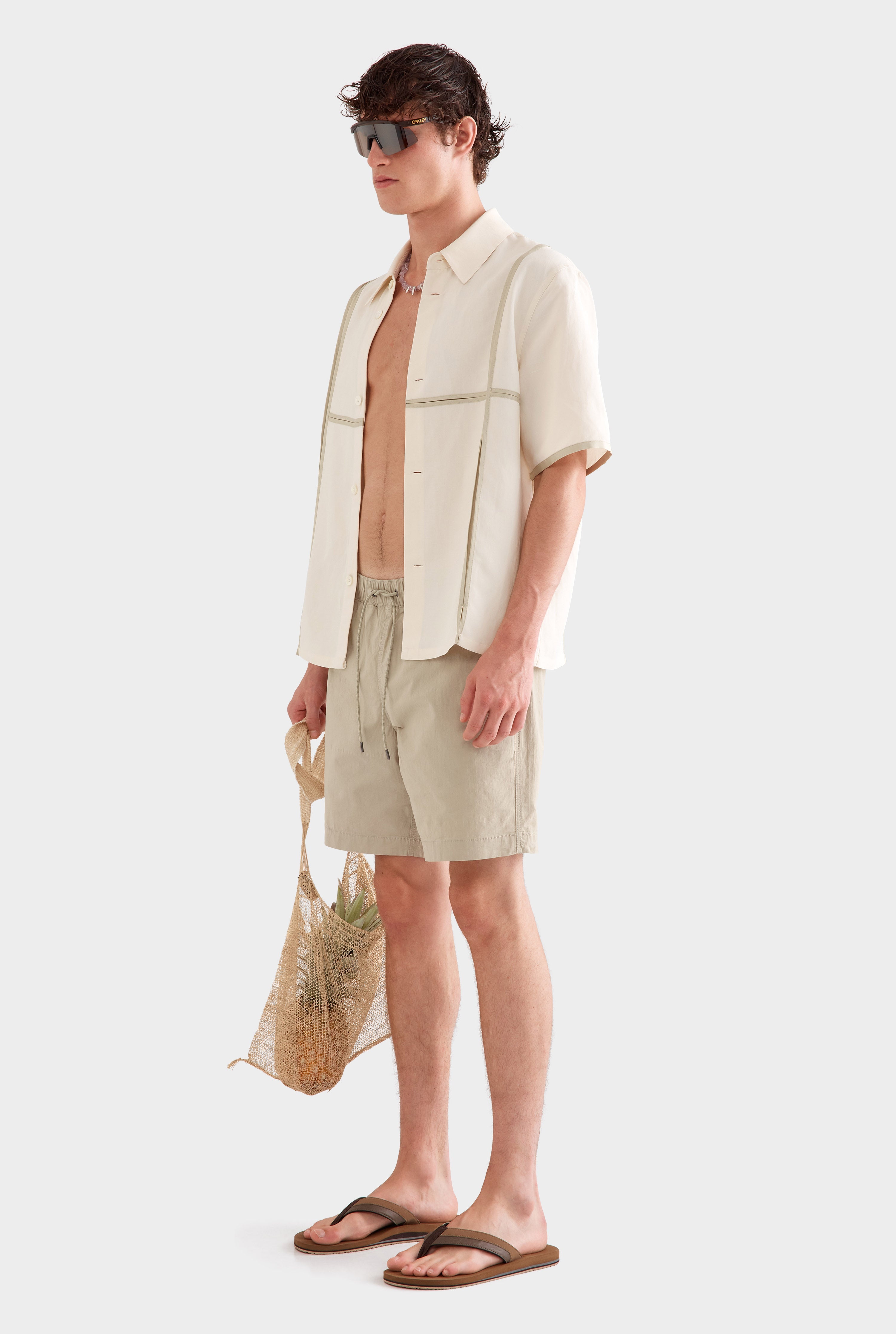 Silk Linen Contrast Bind Shirt - Cream/Pistachio Shell