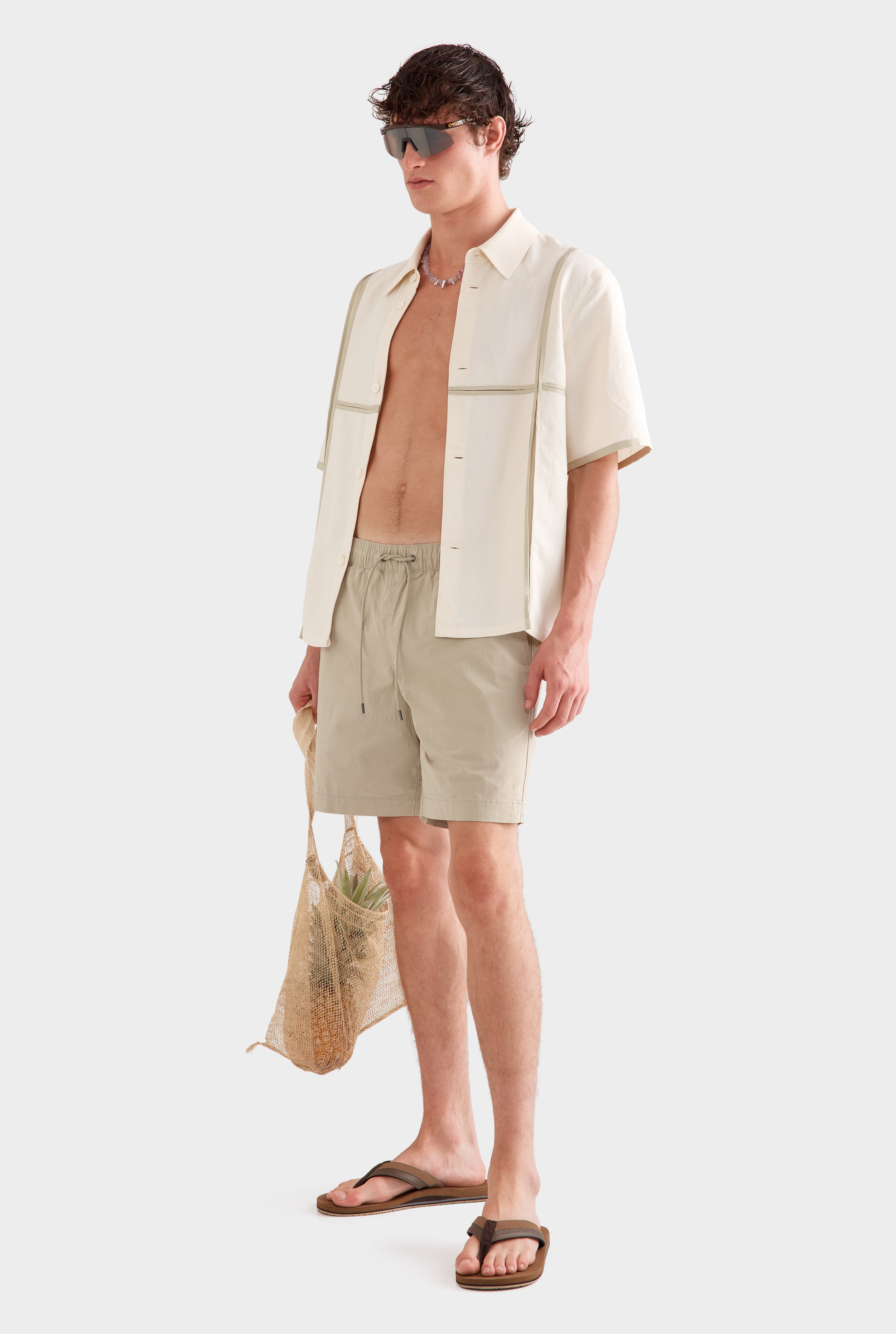 Silk Linen Contrast Bind Shirt - Cream/Pistachio Shell