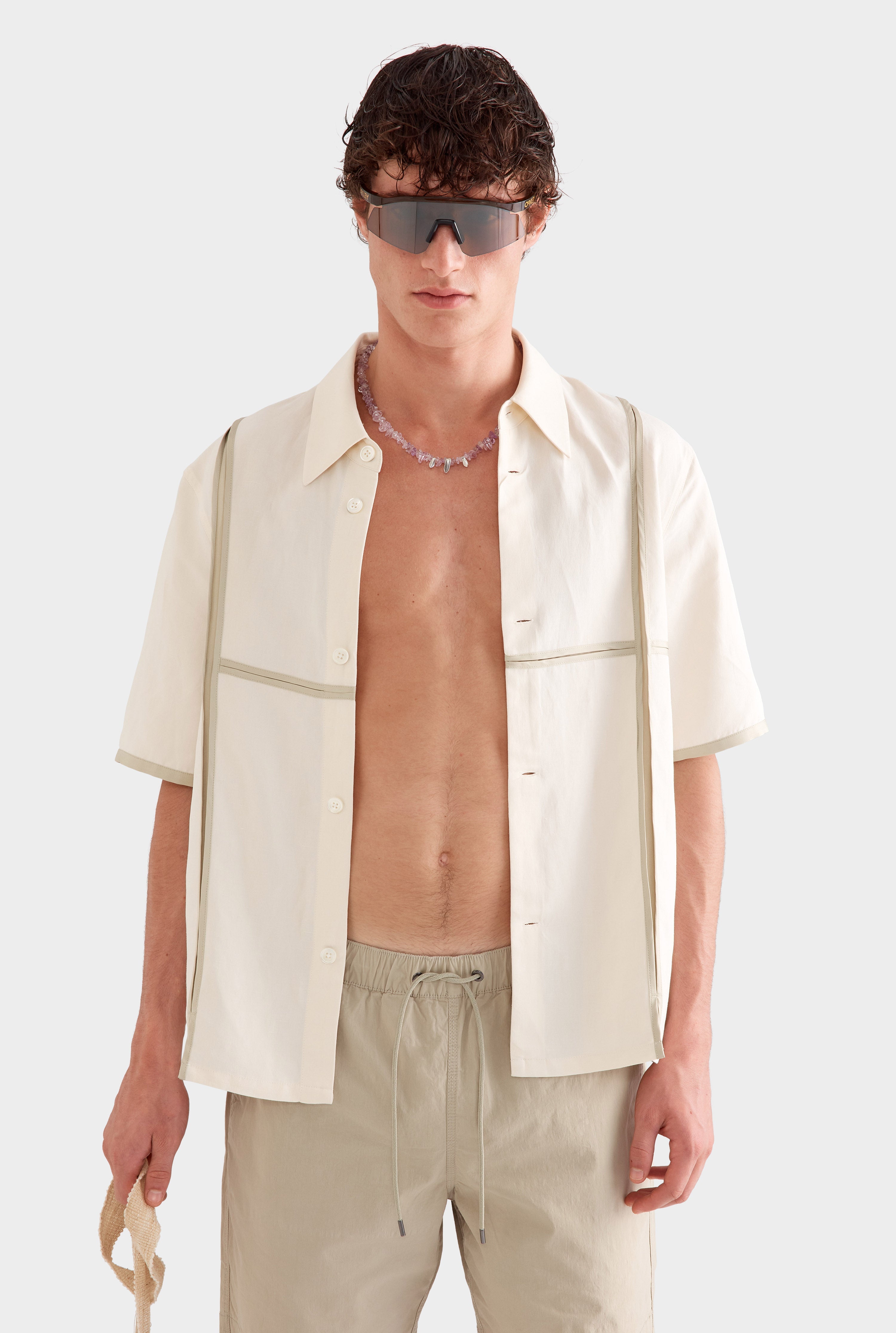 Silk Linen Contrast Bind Shirt - Cream/Pistachio Shell