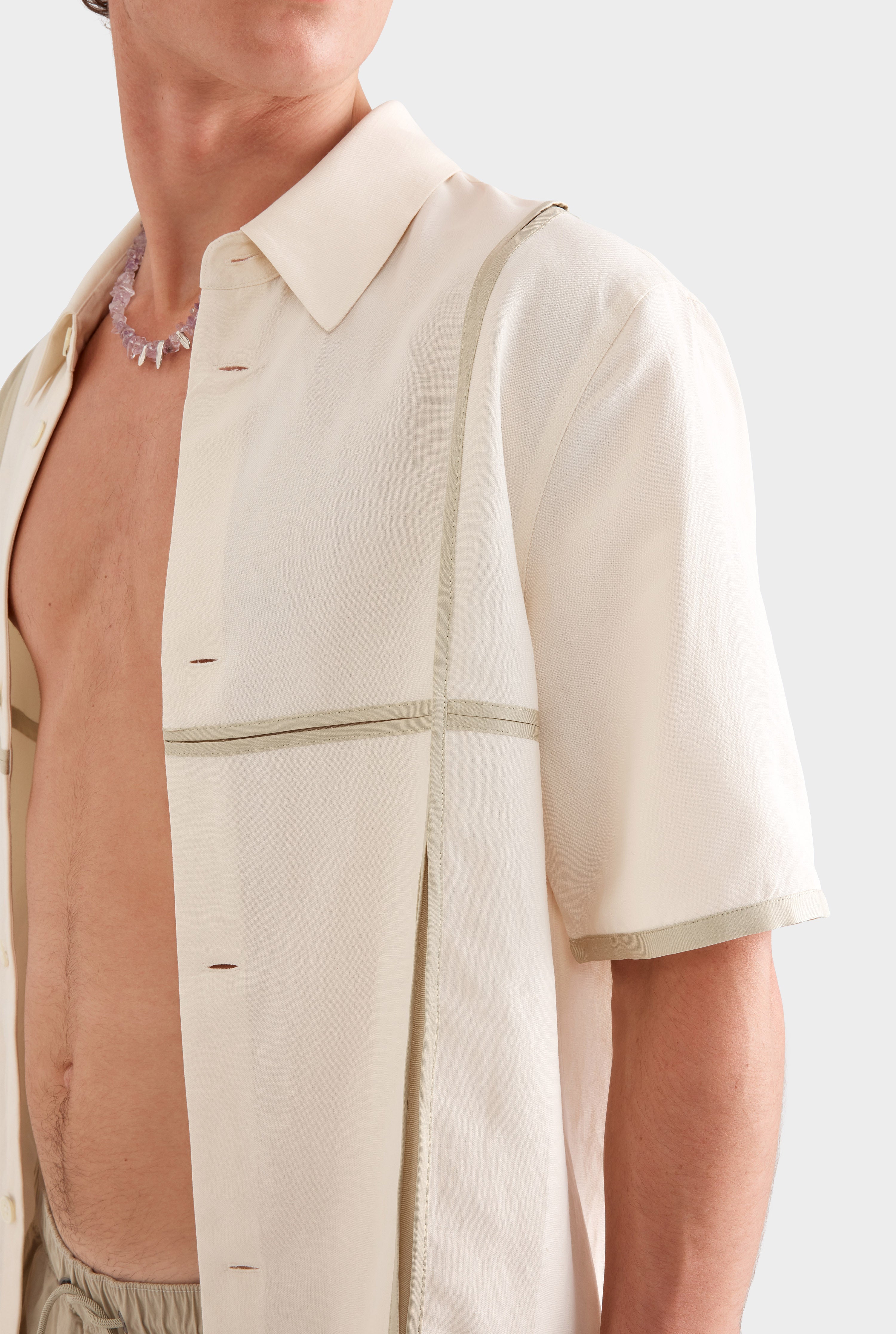 Silk Linen Contrast Bind Shirt - Cream/Pistachio Shell