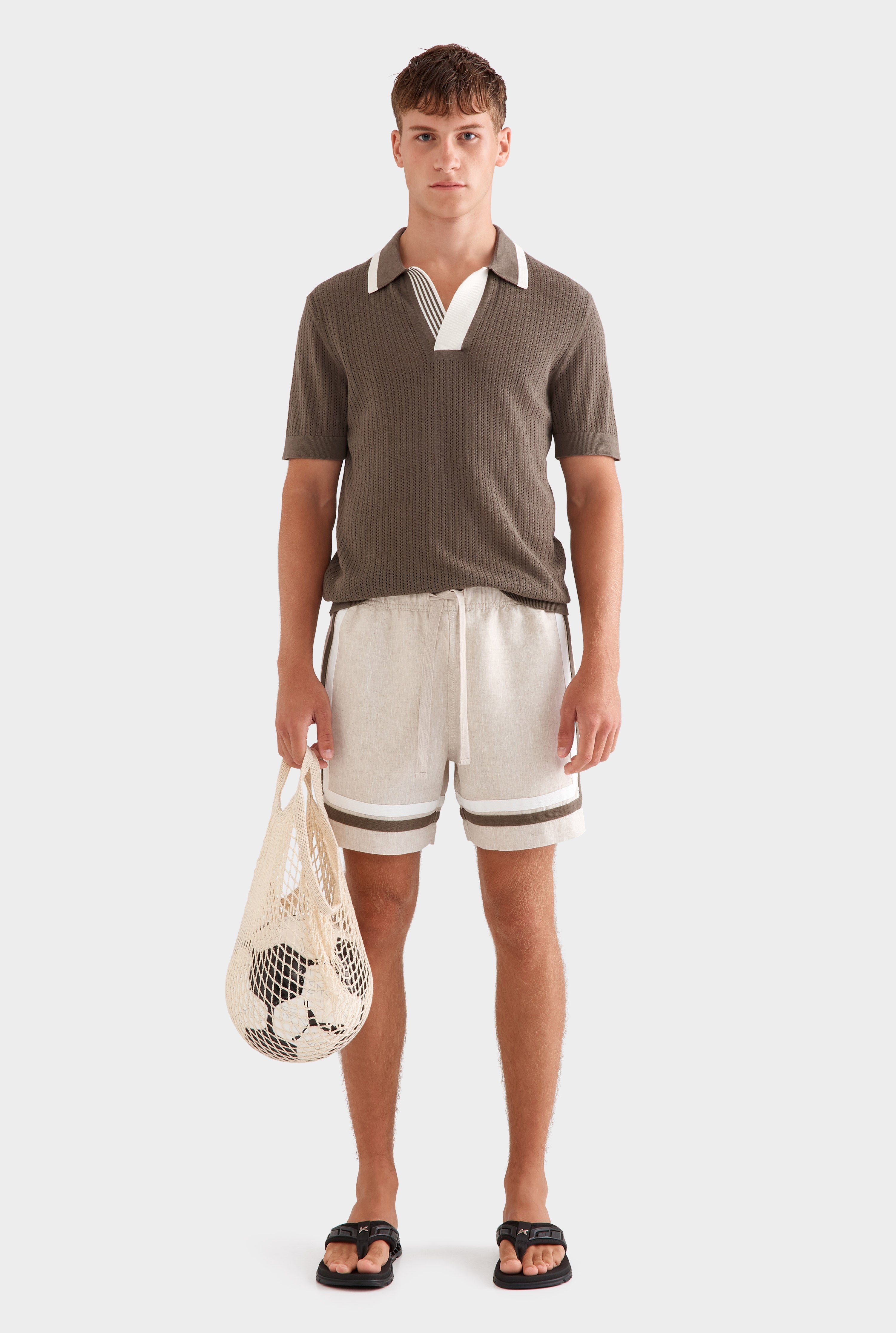 Stripe Collar Cotton Knit Open Neck Polo - Deep Olive/Cream