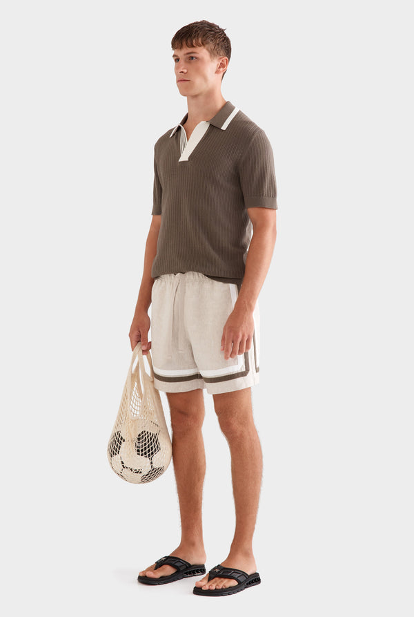 Stripe Collar Cotton Knit Open Neck Polo - Deep Olive/Cream