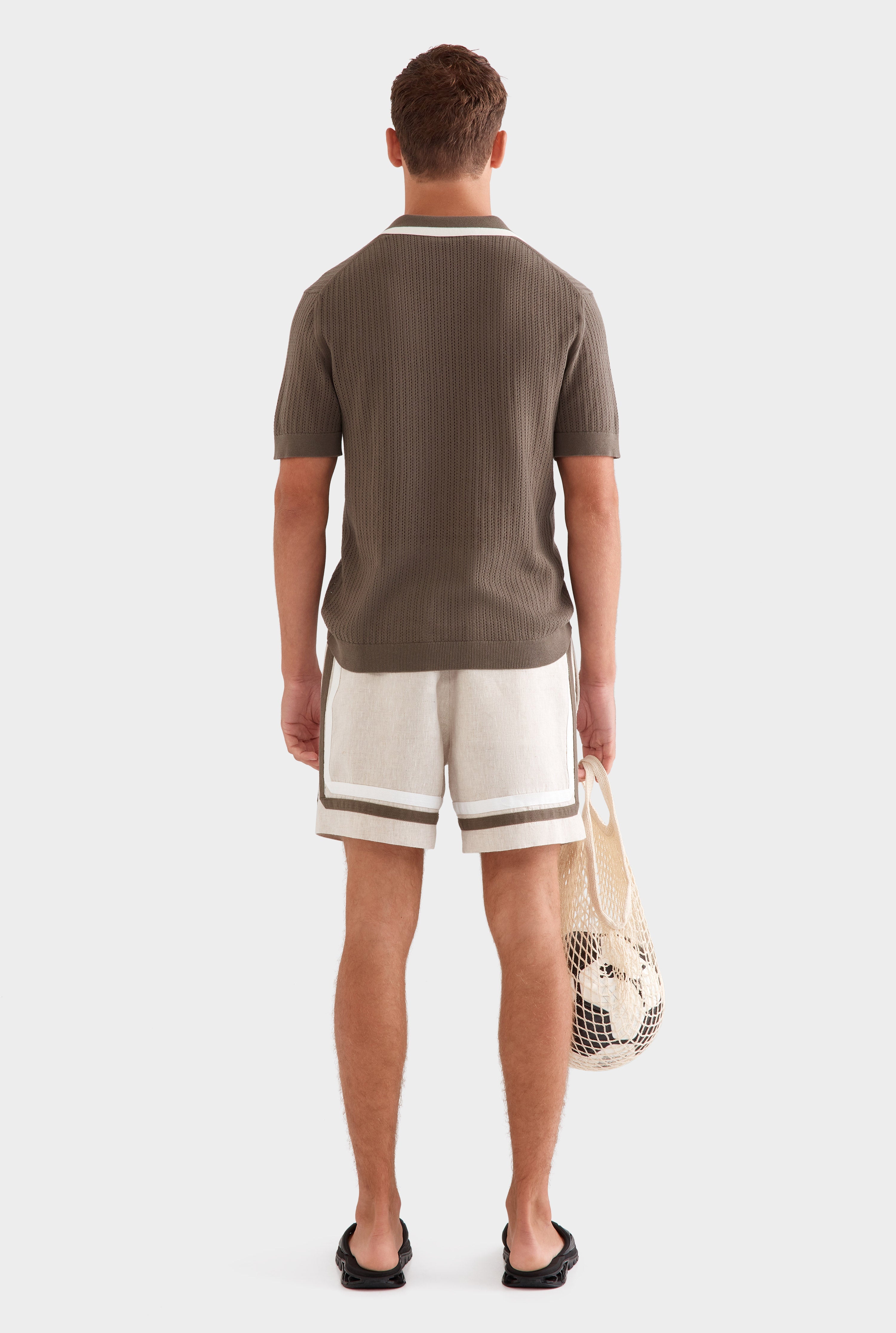 Stripe Collar Cotton Knit Open Neck Polo - Deep Olive/Cream