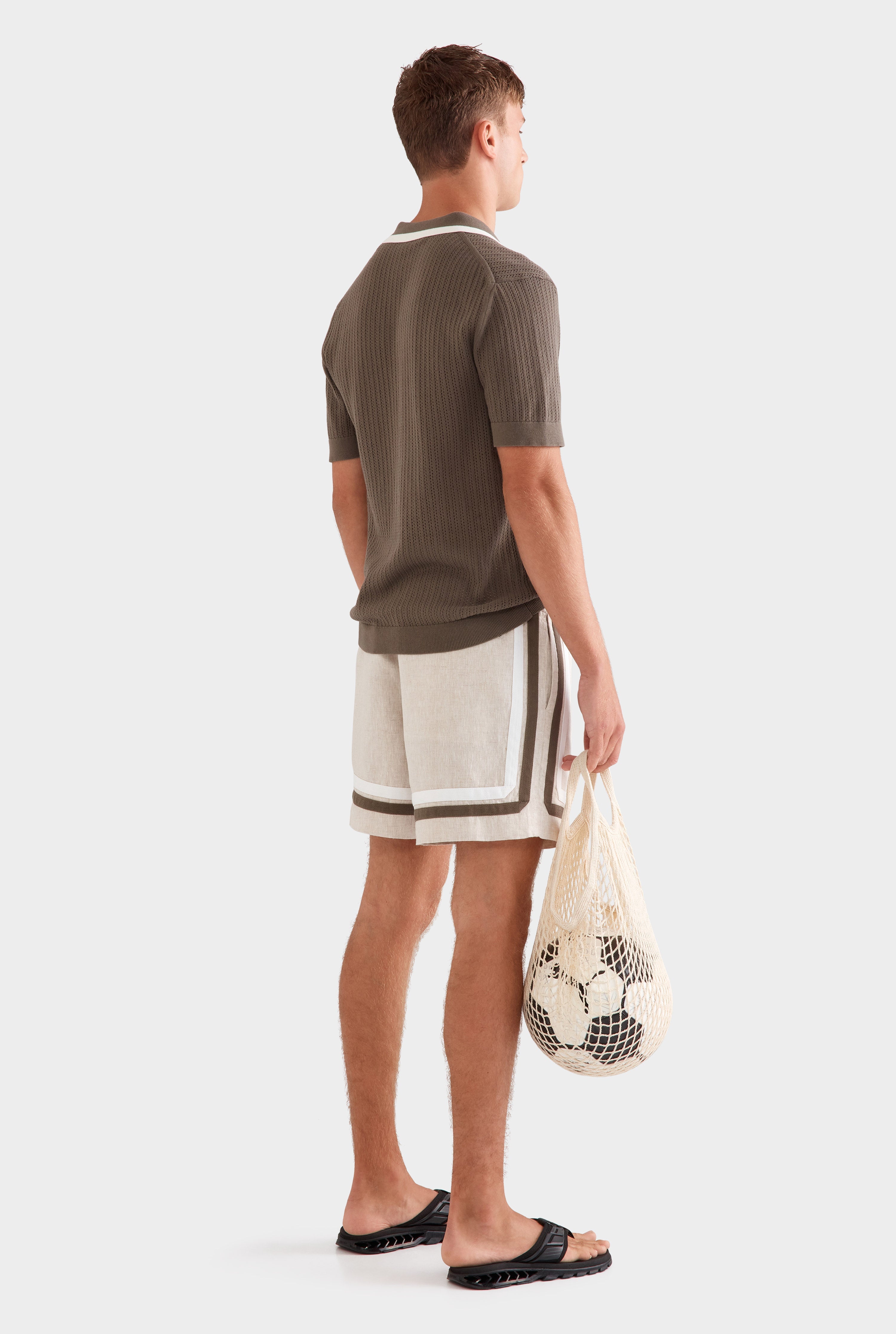 Stripe Collar Cotton Knit Open Neck Polo - Deep Olive/Cream