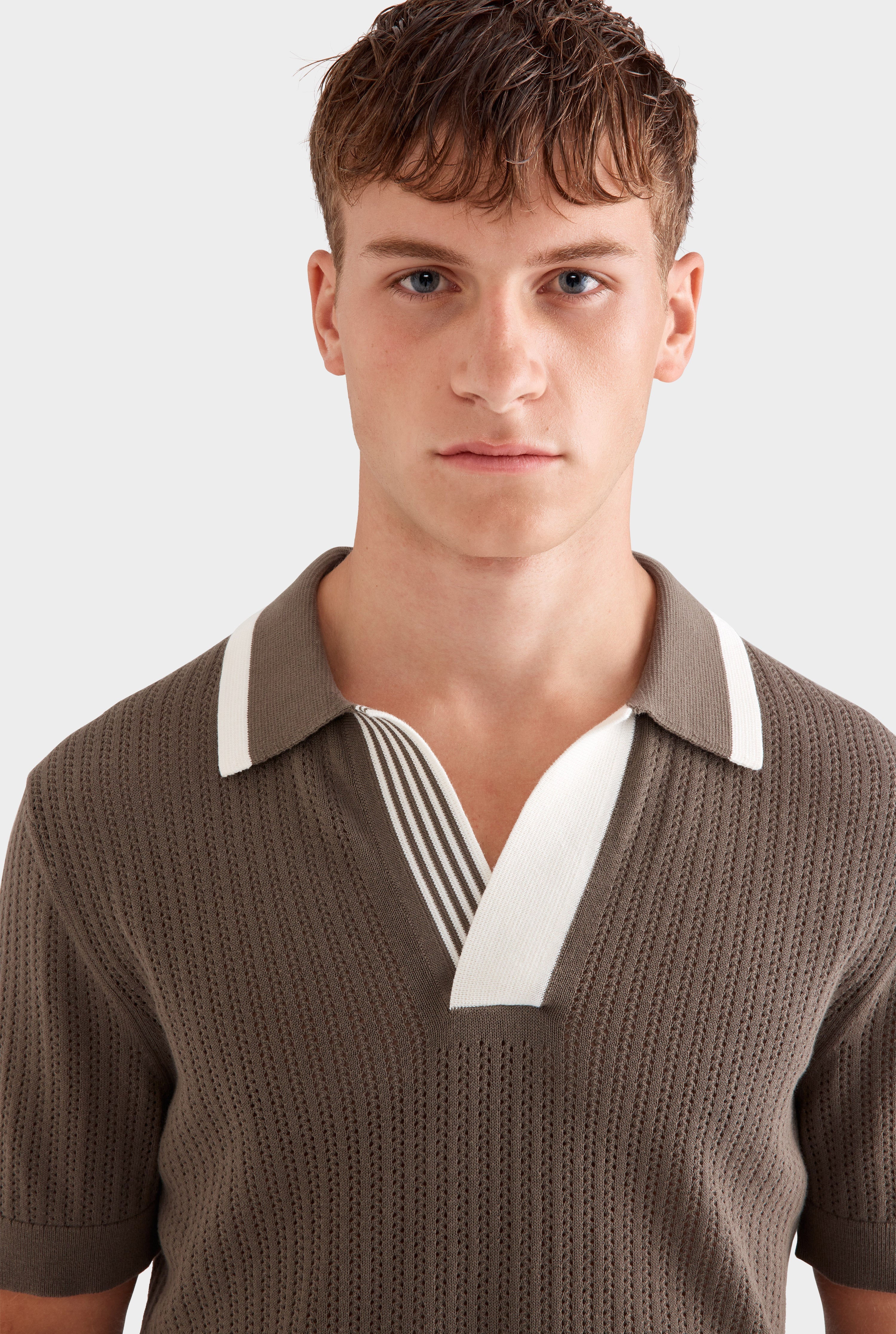 Stripe Collar Cotton Knit Open Neck Polo - Deep Olive/Cream