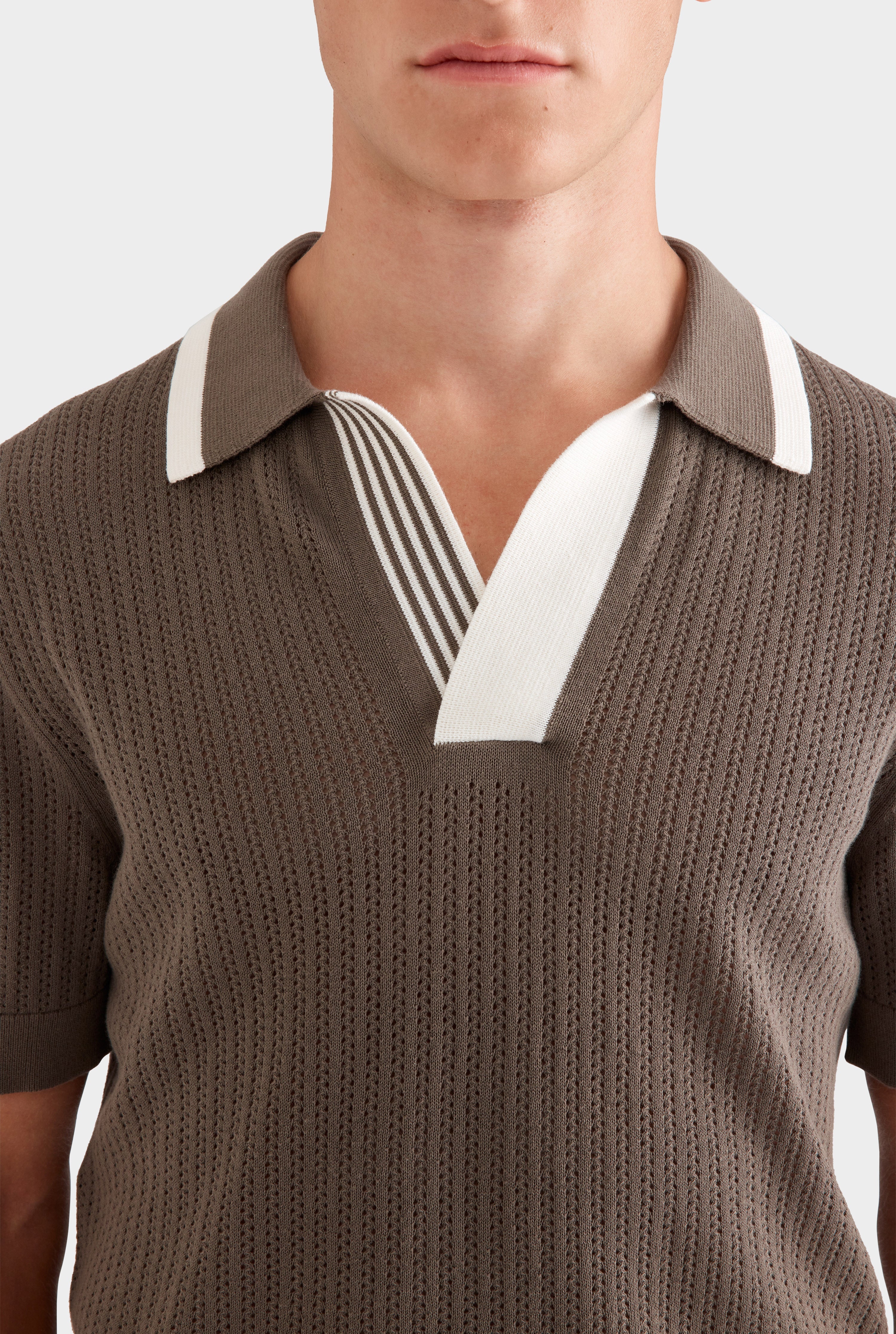 Stripe Collar Cotton Knit Open Neck Polo - Deep Olive/Cream