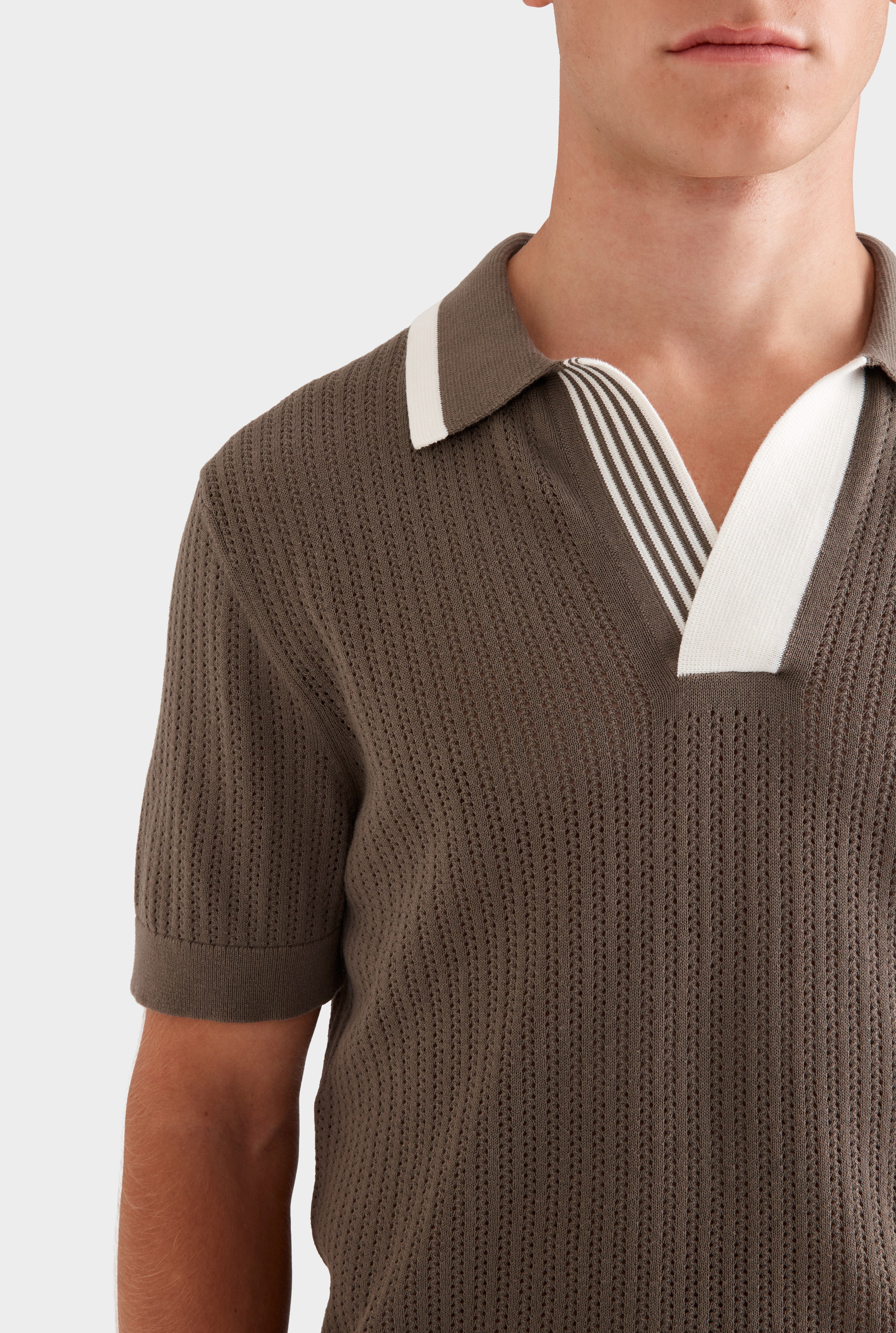 Stripe Collar Cotton Knit Open Neck Polo - Deep Olive/Cream