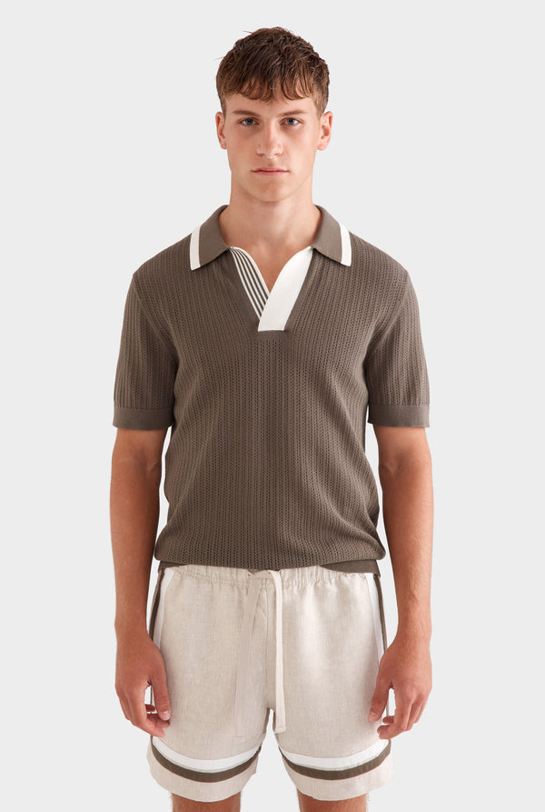 Stripe Collar Cotton Knit Open Neck Polo - Deep Olive/Cream