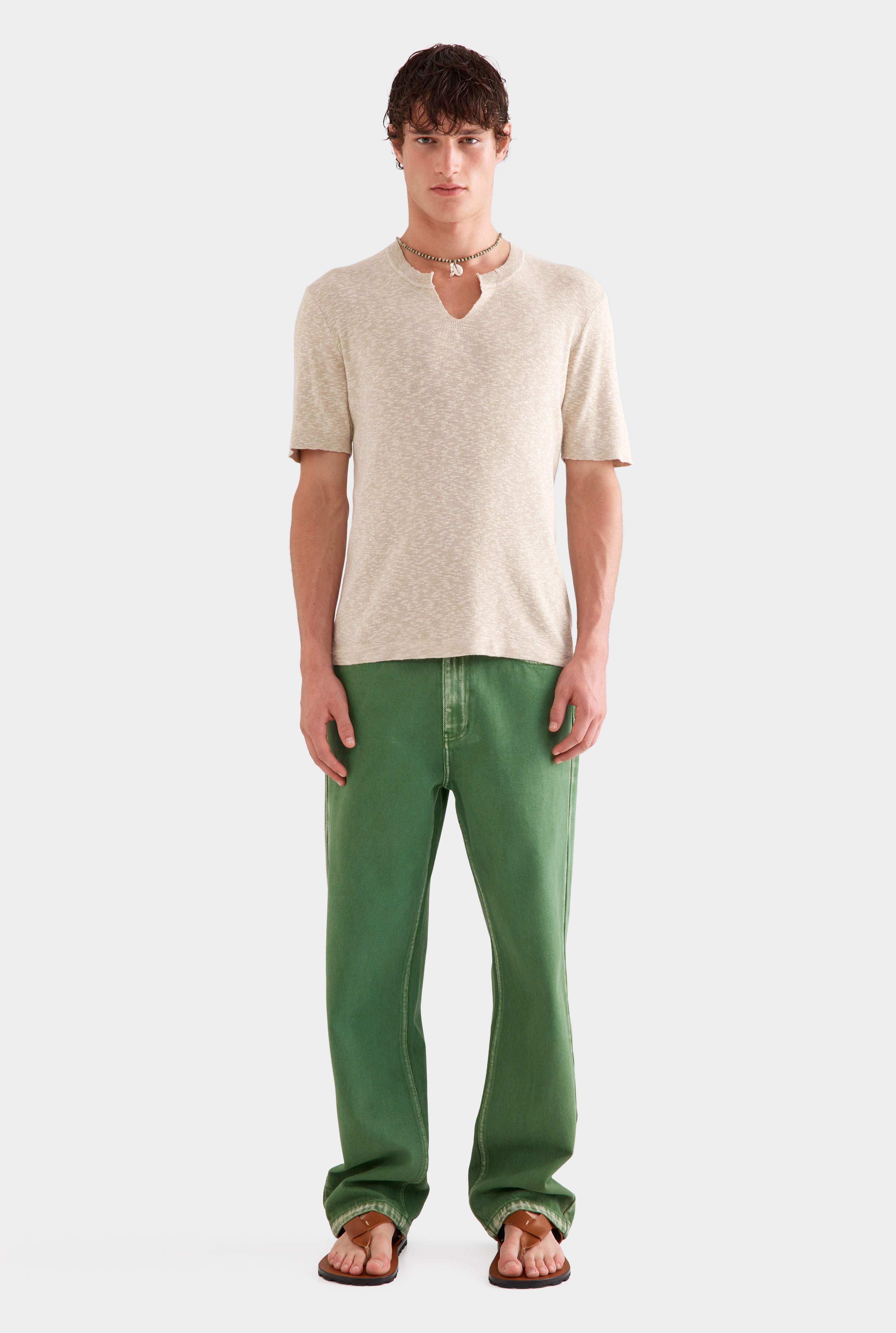 V Cut Knitted T-Shirt - Sand Marl