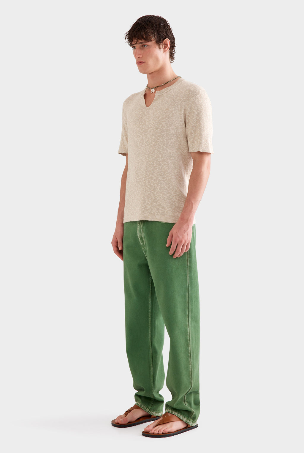 V Cut Knitted T-Shirt - Sand Marl