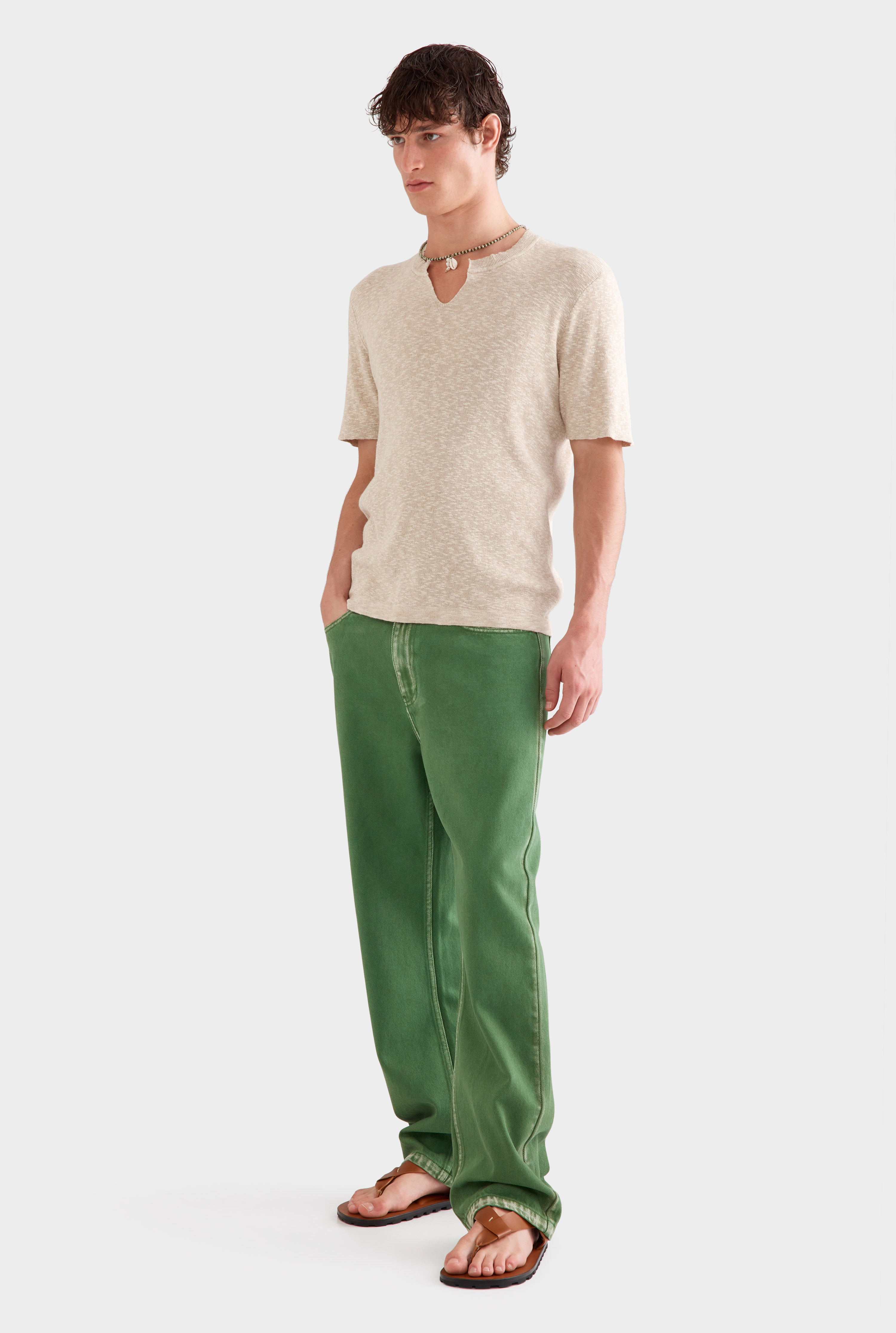 V Cut Knitted T-Shirt - Sand Marl