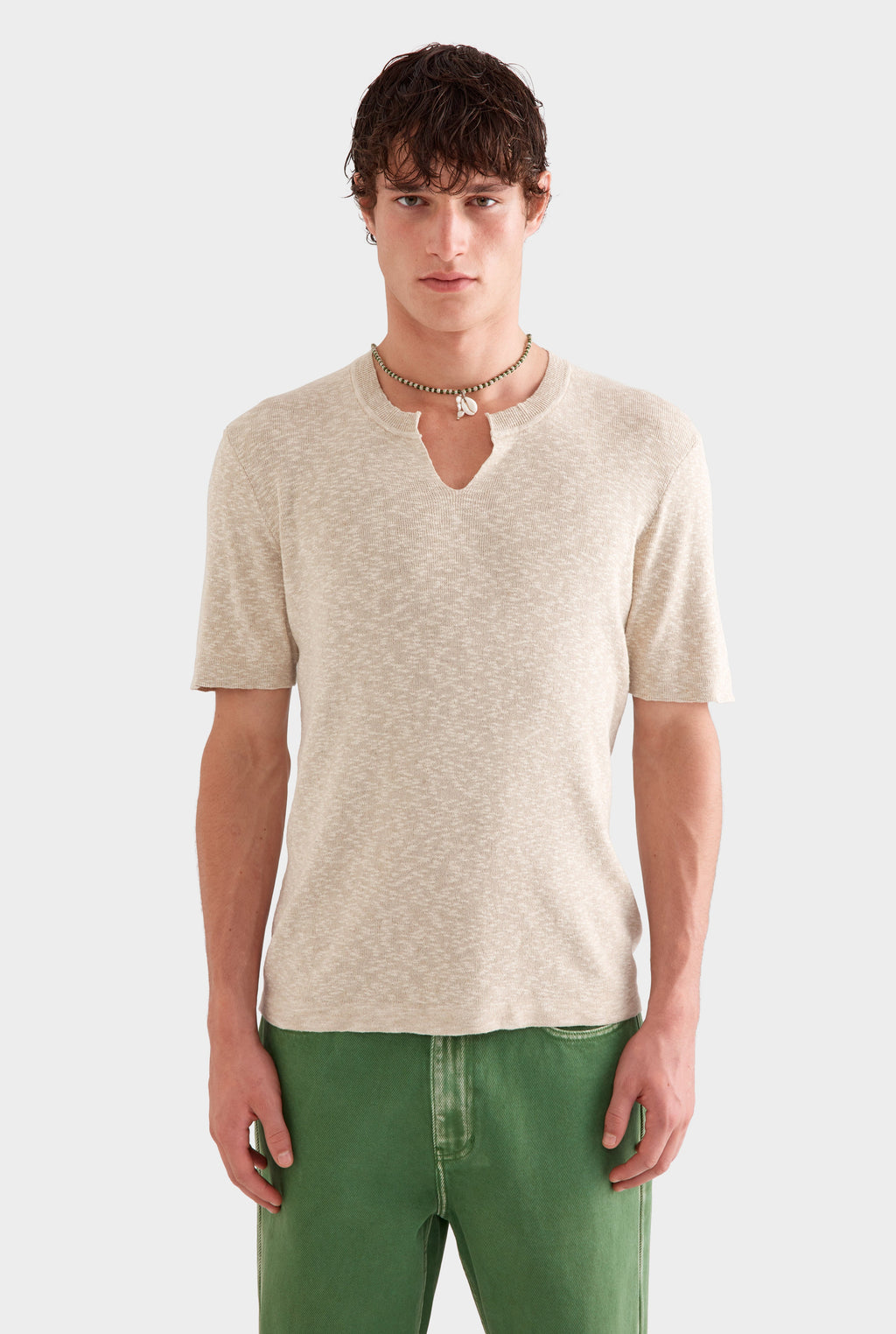 V Cut Knitted T-Shirt - Sand Marl