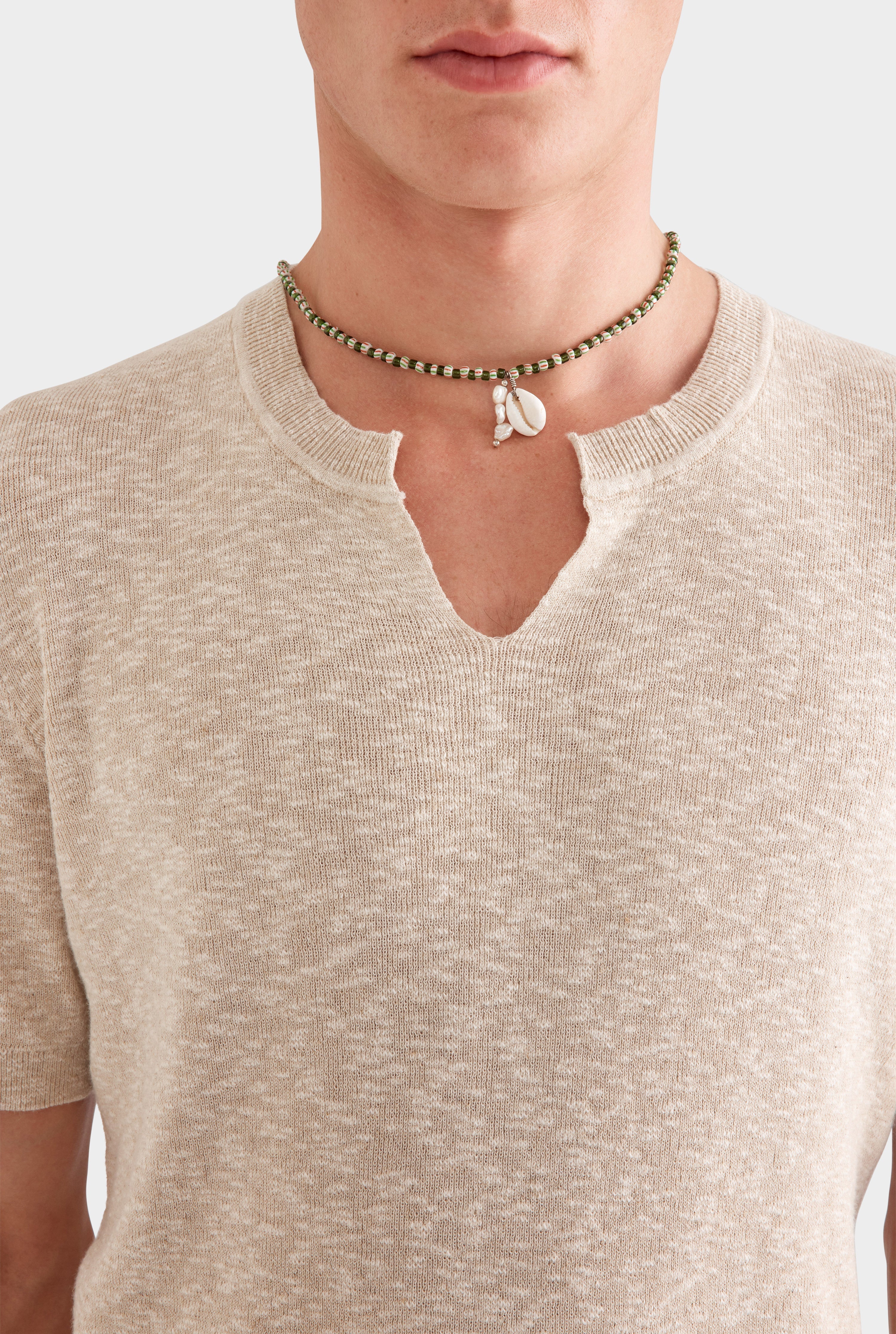 V Cut Knitted T-Shirt - Sand Marl