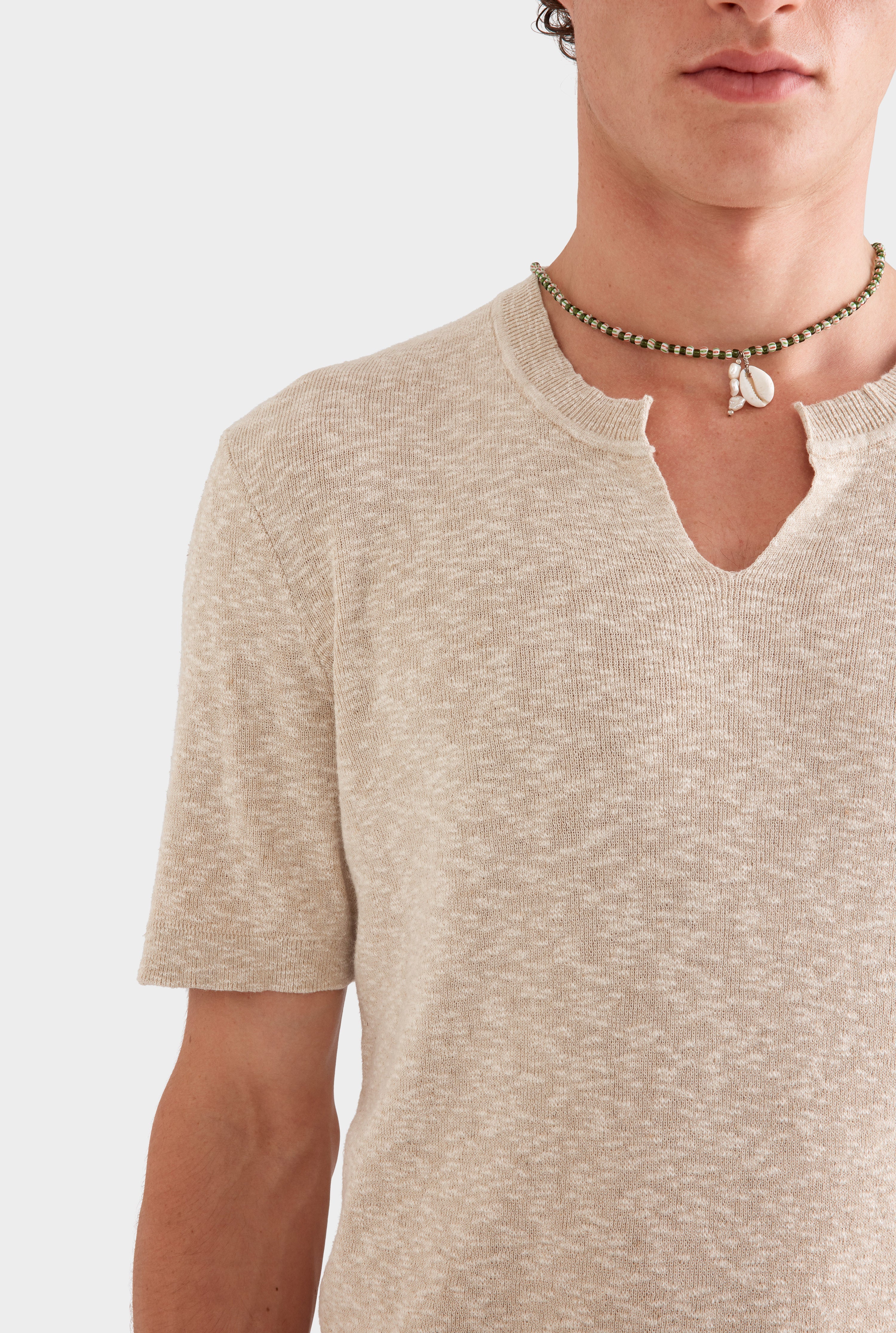 V Cut Knitted T-Shirt - Sand Marl