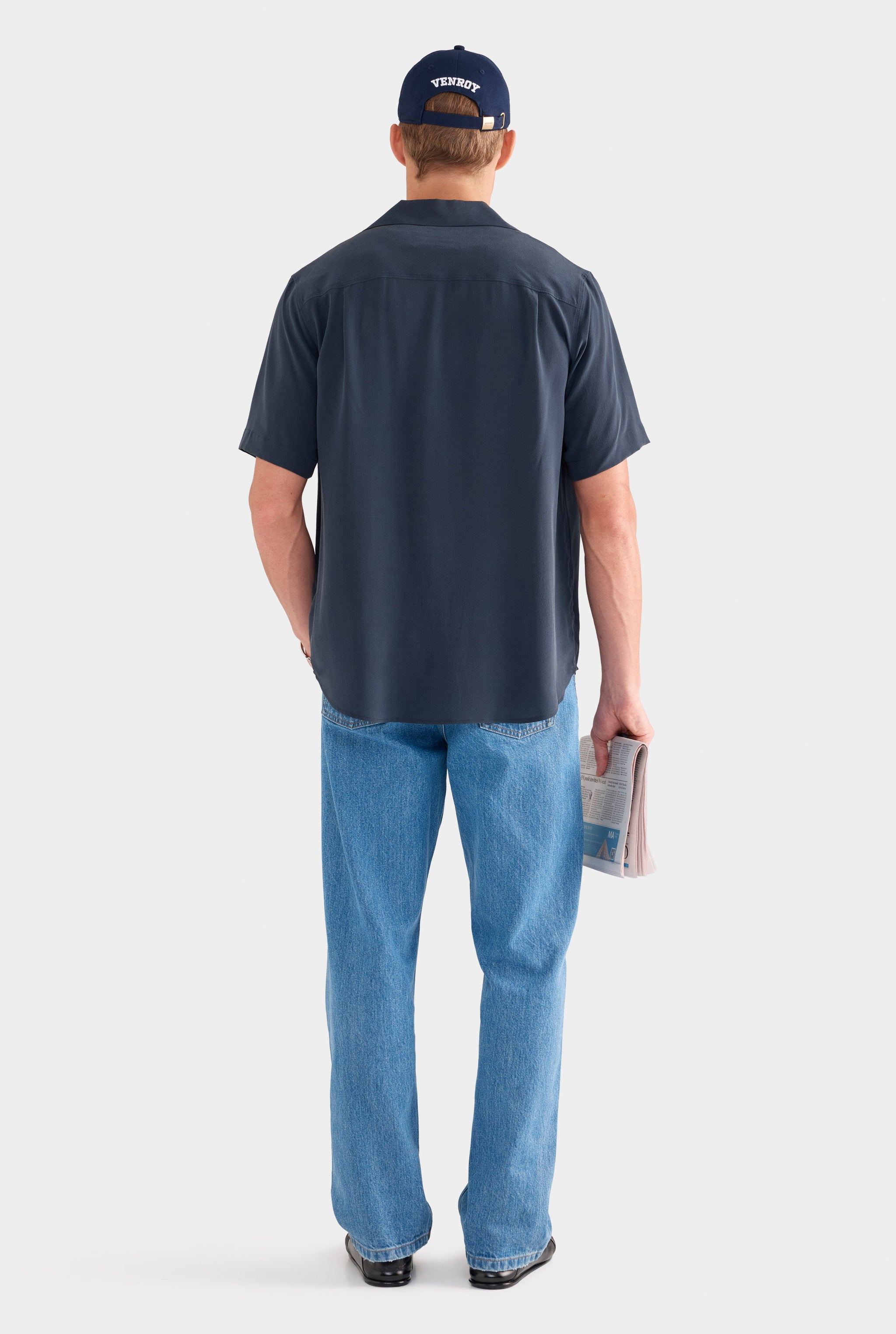 Short Sleeve Silk Camp Collar - Navy
