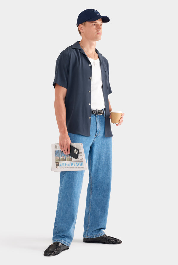 Short Sleeve Silk Camp Collar - Navy