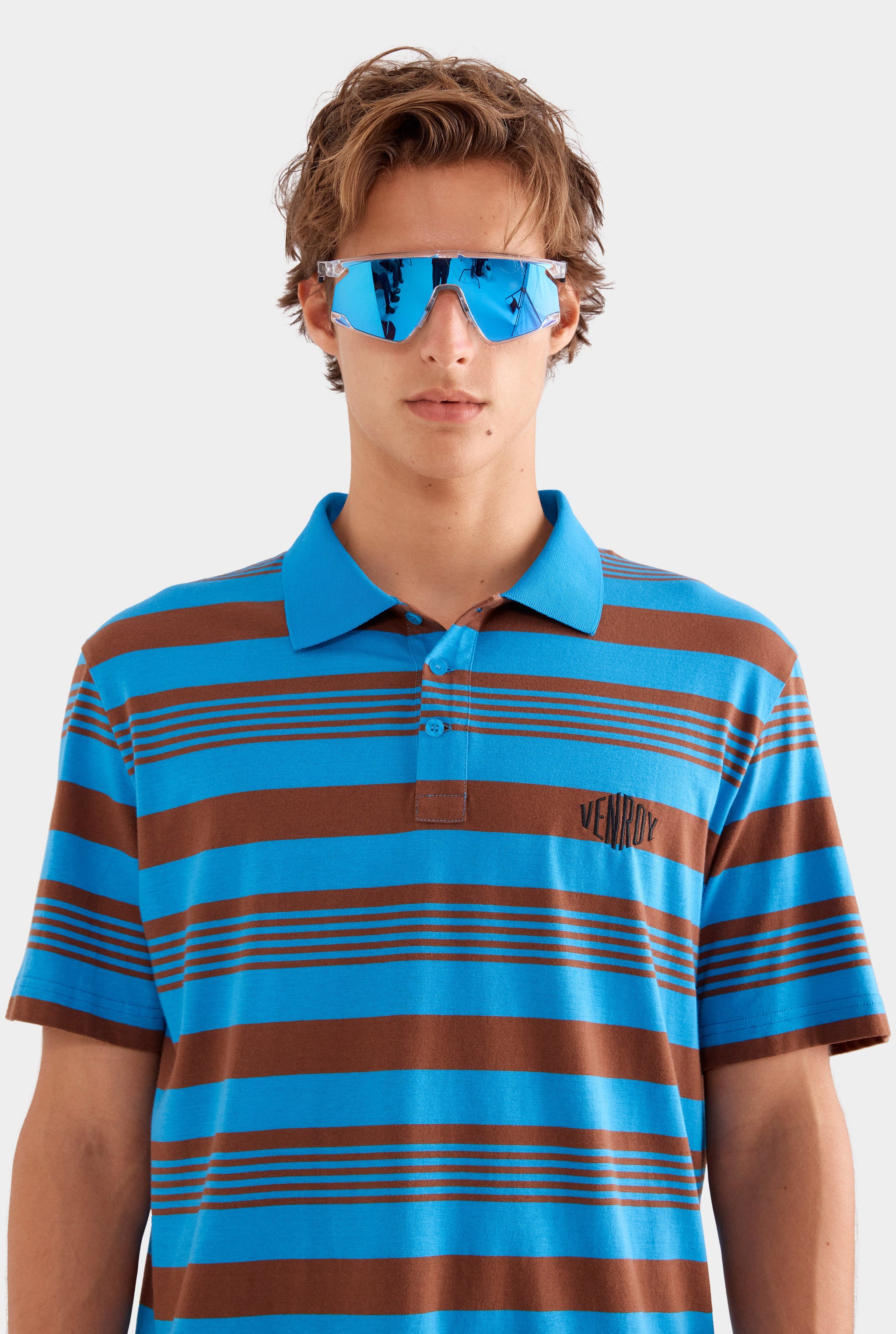 Short Sleeve Striped Cotton Polo - Bright Blue/Chocolate Stripe