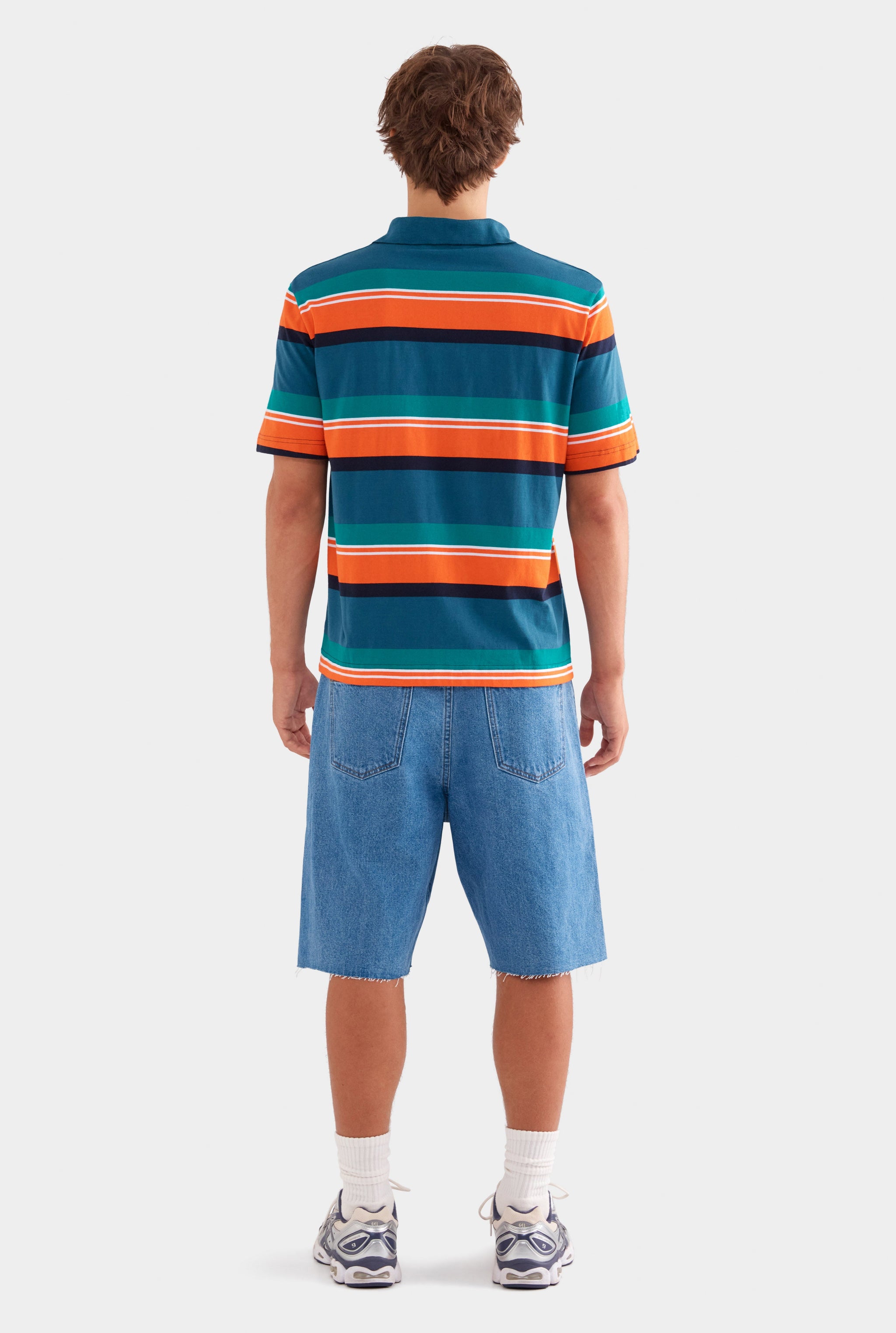 Short Sleeve Striped Cotton Polo - Deep Teal/Bright Orange Stripe
