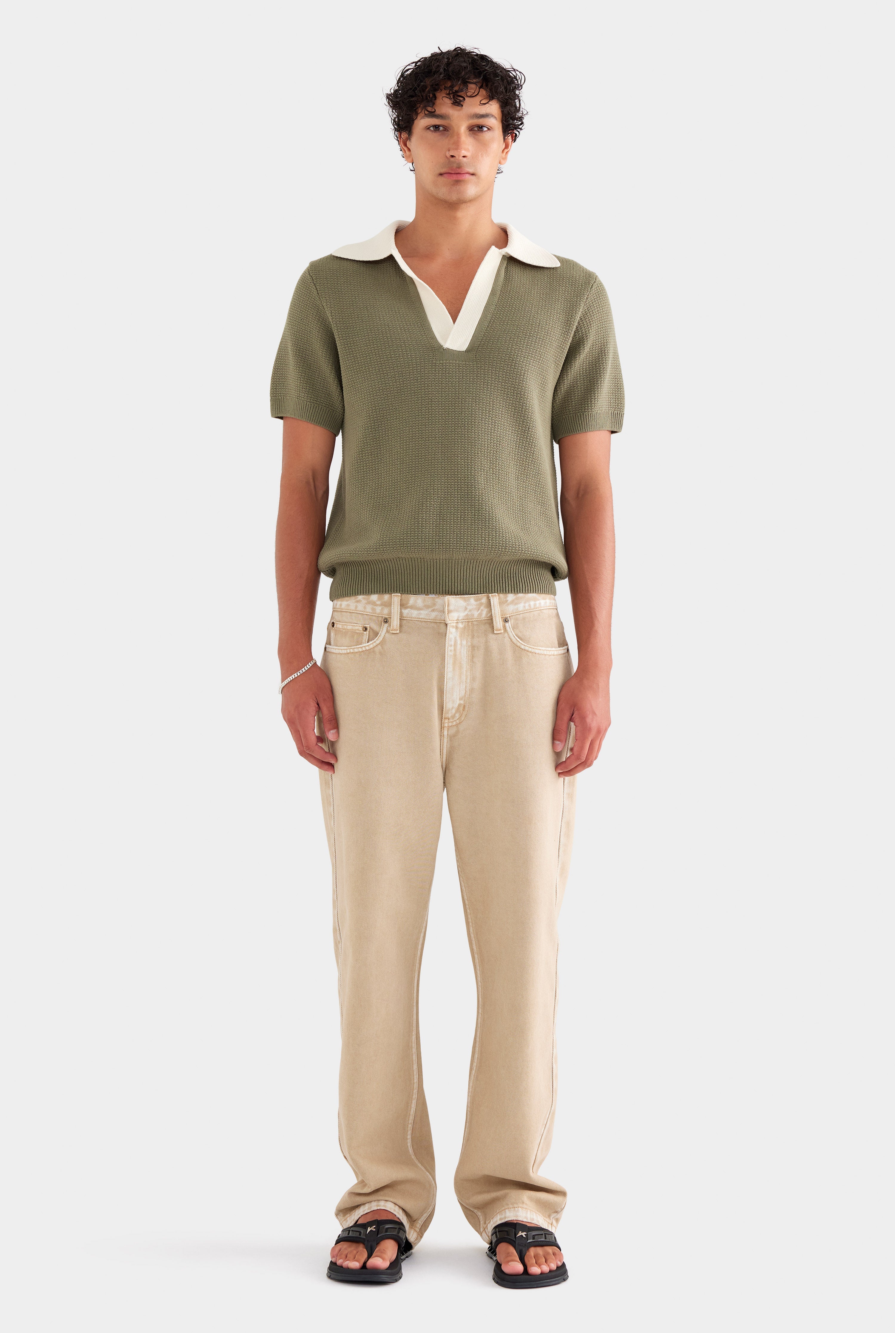 Relaxed Cotton Knit Open Neck Polo - Smokey Olive/Cream