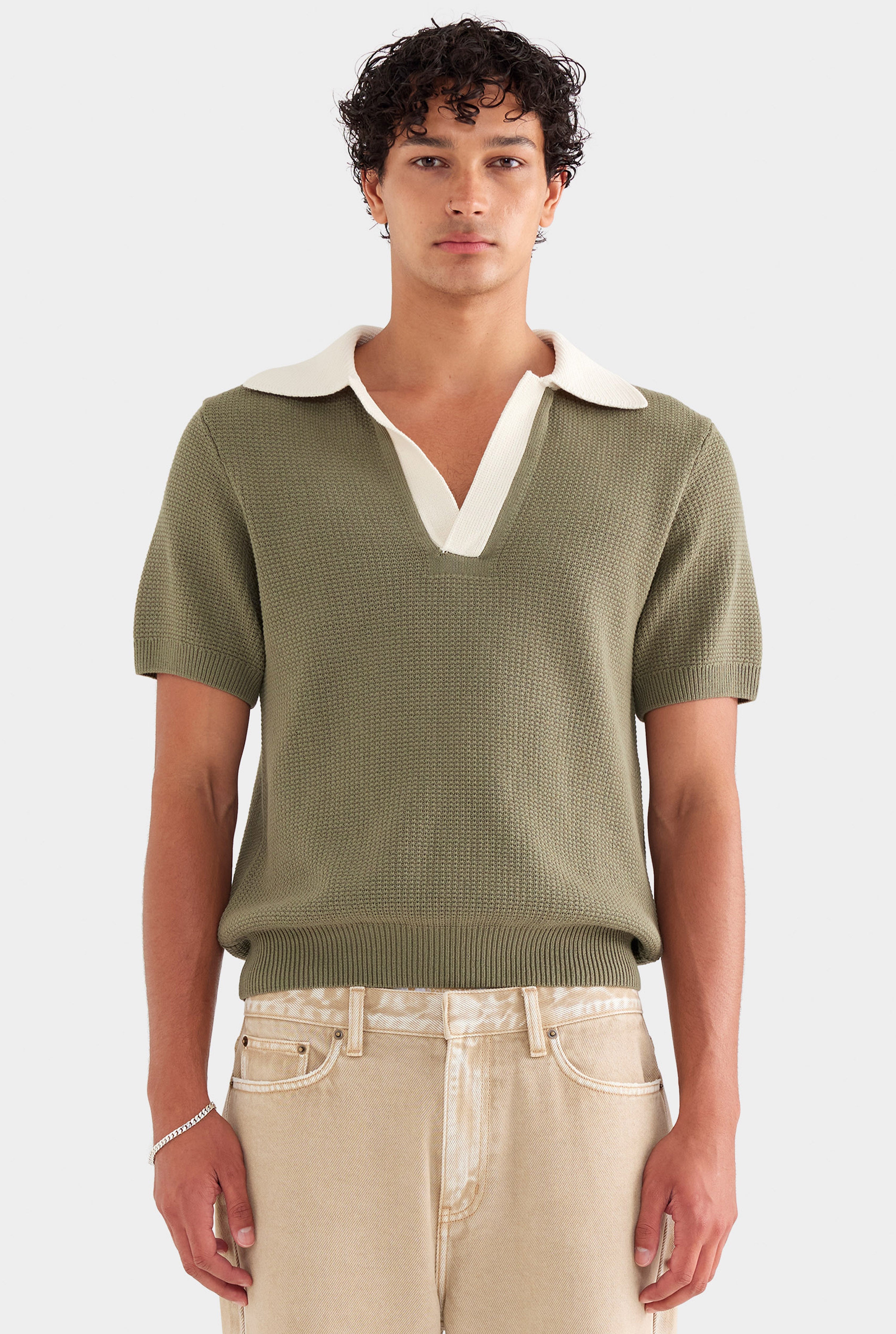 Relaxed Cotton Knit Open Neck Polo - Smokey Olive/Cream