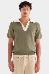Relaxed Cotton Knit Open Neck Polo - Smokey Olive/Cream
