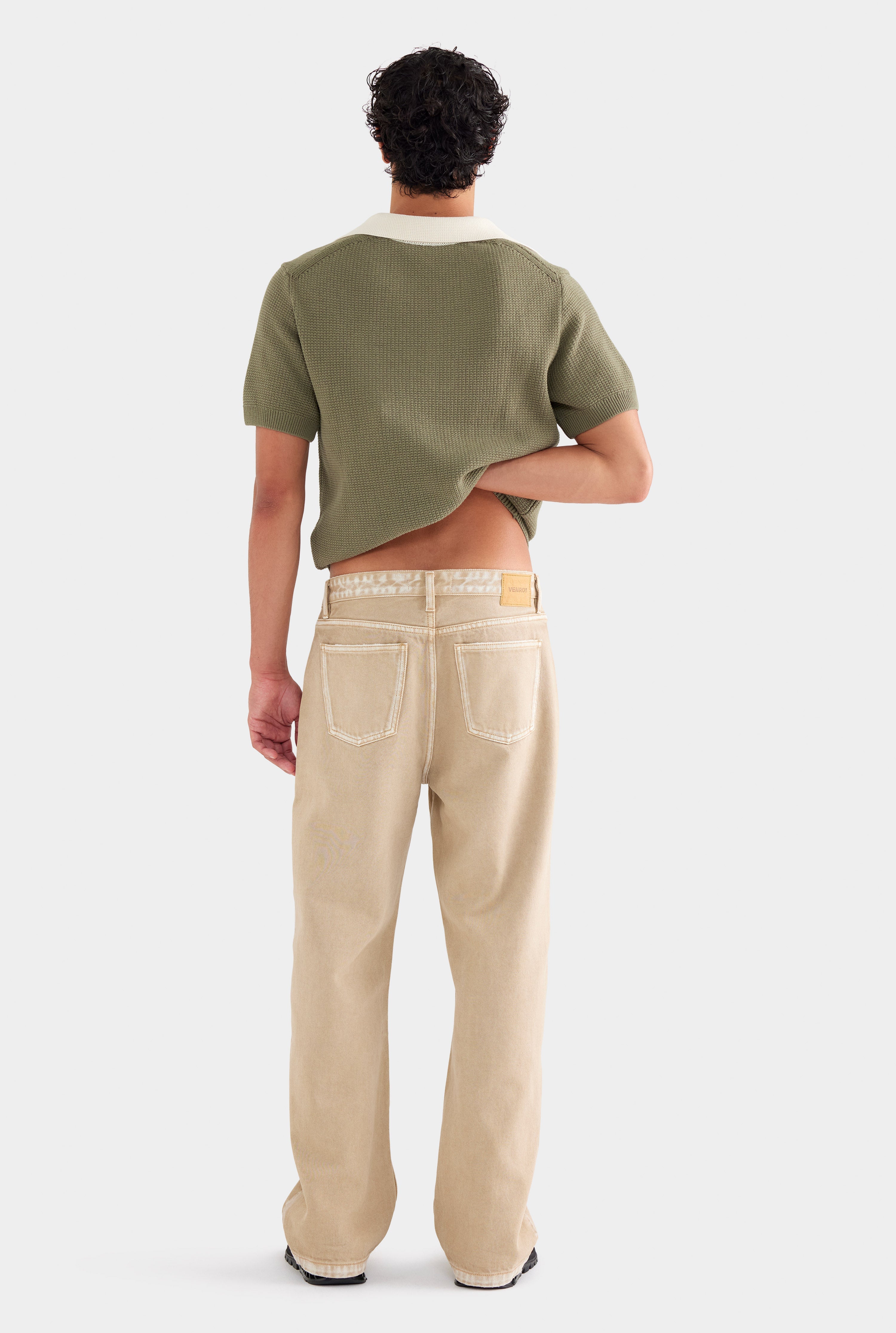 Relaxed Cotton Knit Open Neck Polo - Smokey Olive/Cream